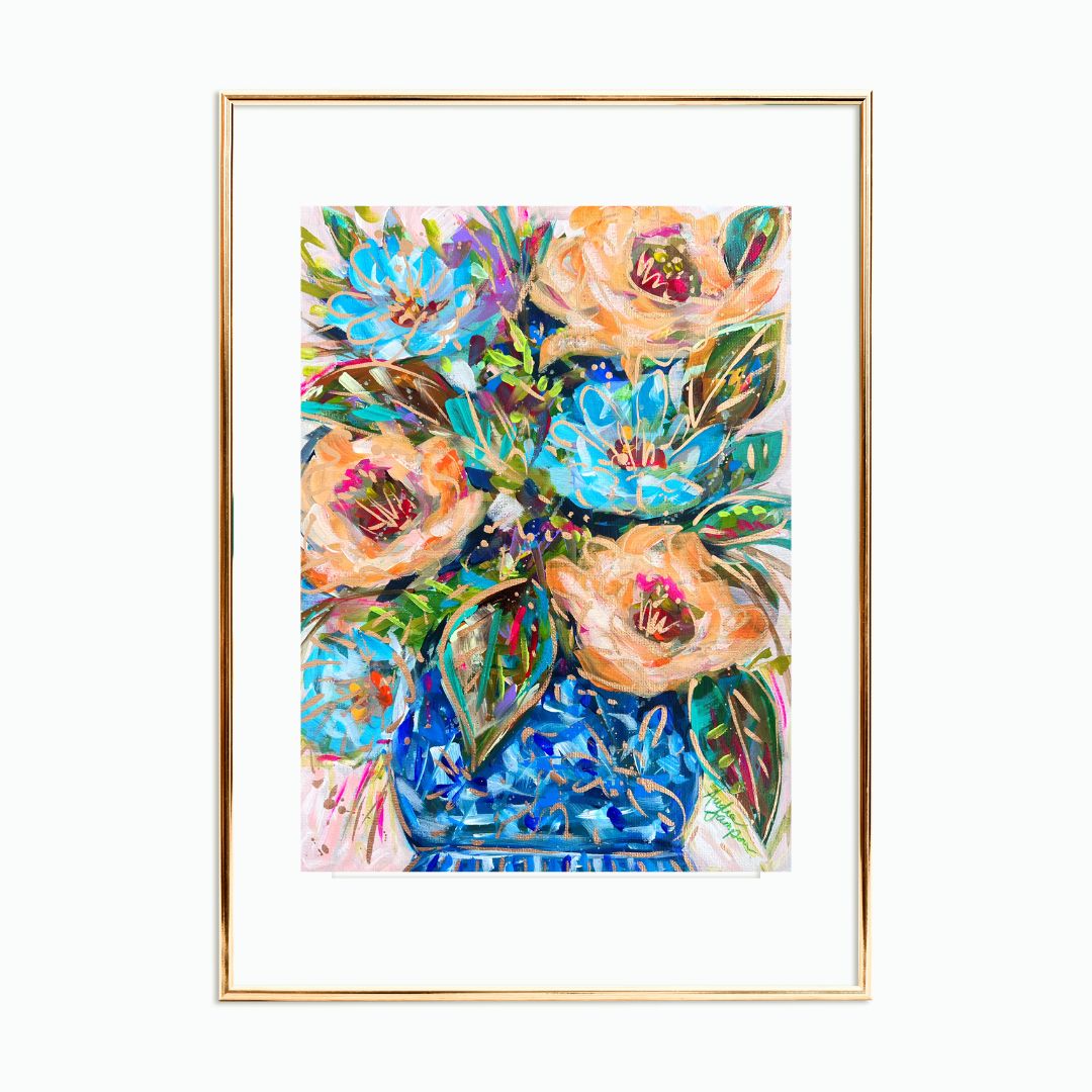 Blue Orange Floral Blue White Vase Reproduction Print - On Paper or Canvas