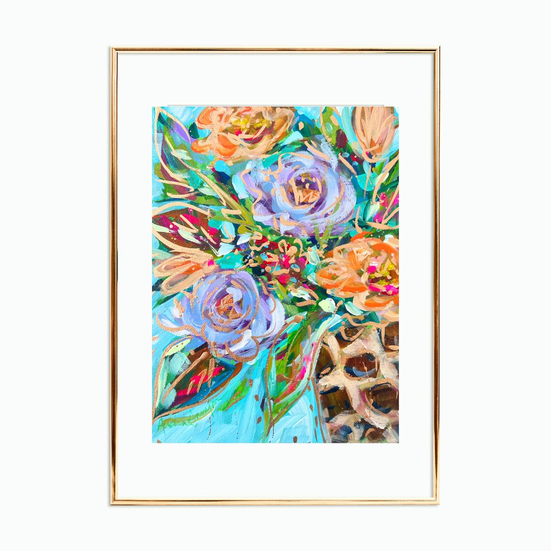 Purple Orange Floral Leopard Vase Reproduction Print - On Paper or Canvas