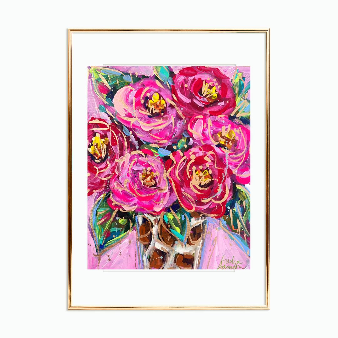 Red Pink Leopard Bouquet Art Print on Paper or Canvas - Maximalist Decor, Pink Wall Art