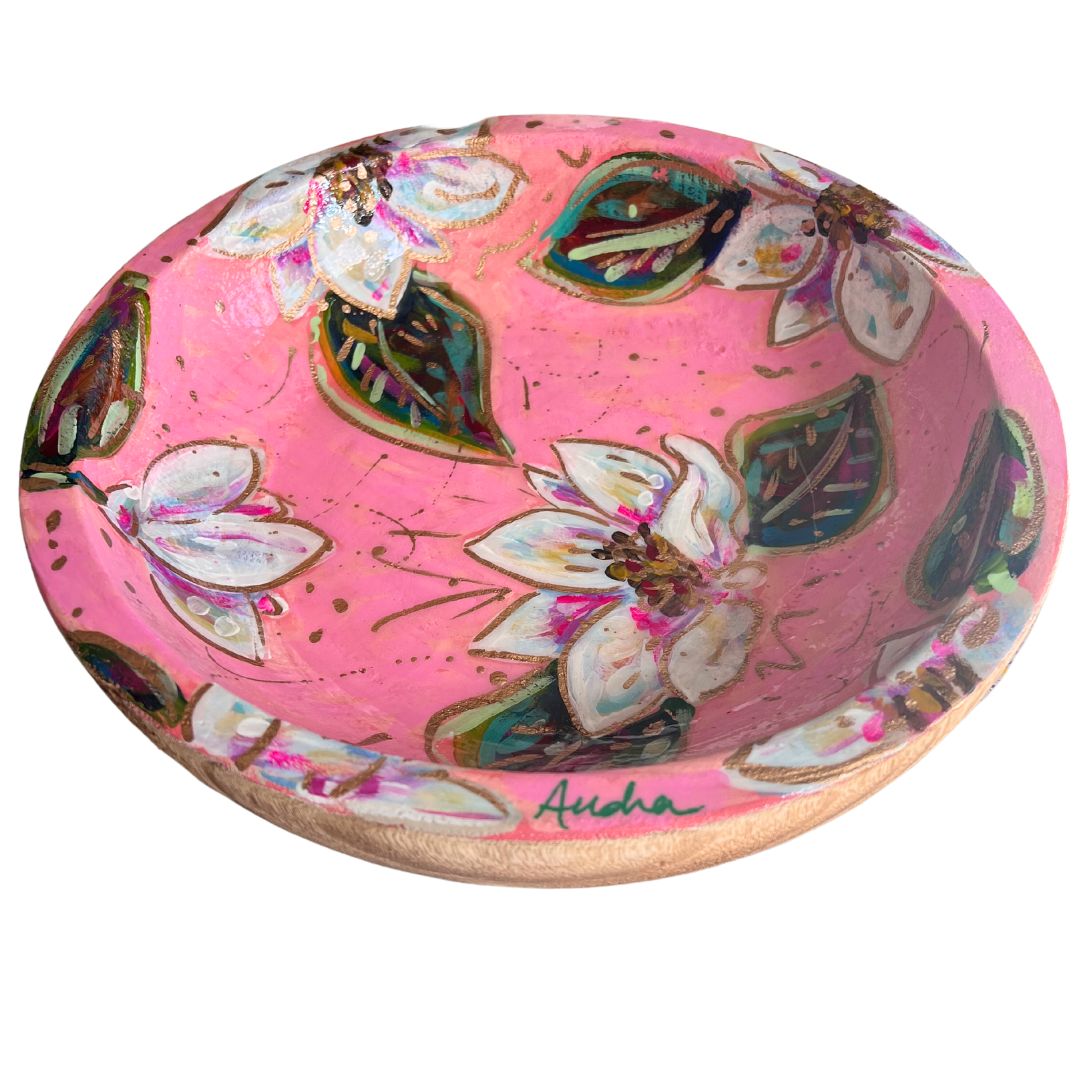 Round Wood Bowl - Magnolias