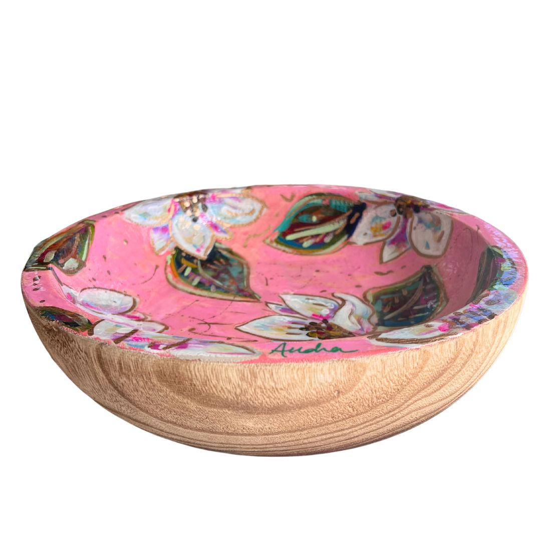 Round Wood Bowl - Magnolias