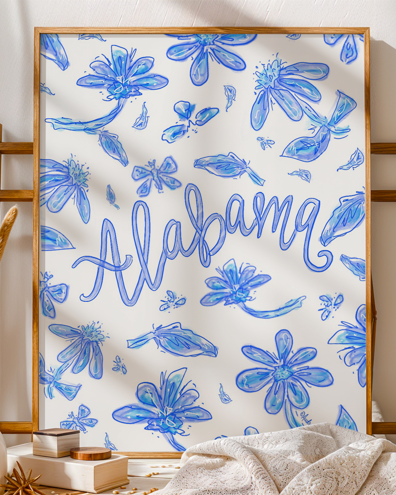 Alabama Art Print on Paper or Canvas - State Pride, Hometown, Blue White Floral Wall Art Poster