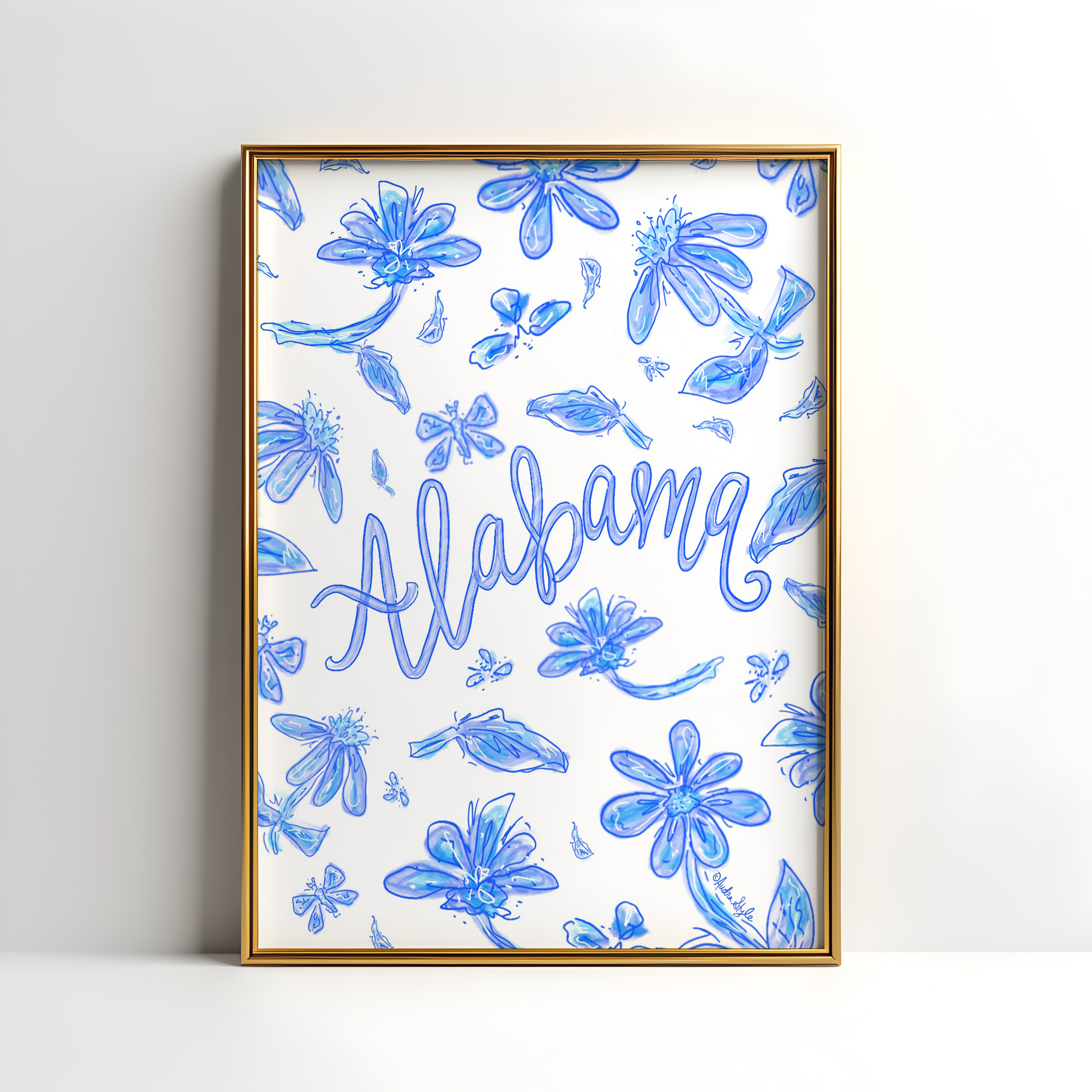 Alabama Art Print on Paper or Canvas - State Pride, Hometown, Blue White Floral Wall Art Poster