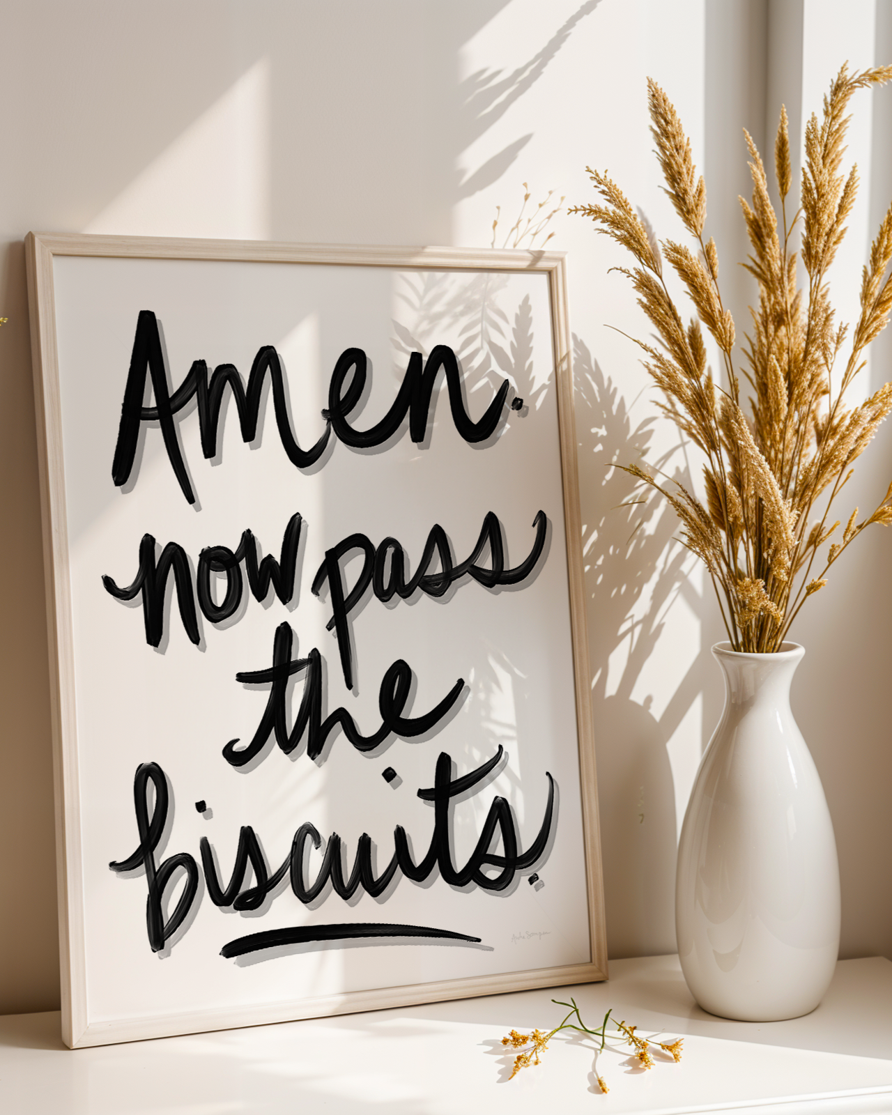 Amen, now pass the biscuits. Wall Art, Typography, Dopamine Decor, Colorful Kitchen Poster, Southern Food Art Prints