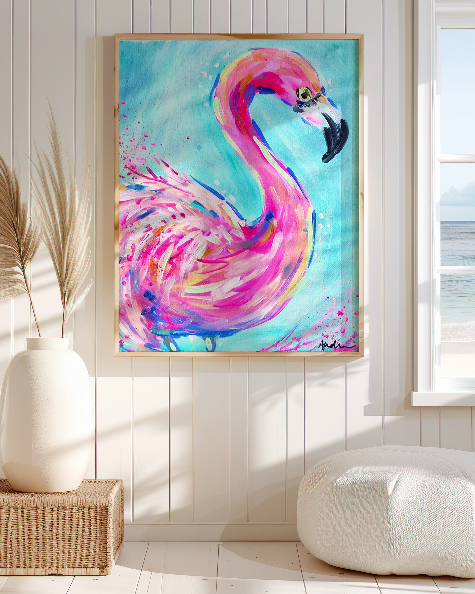 Flamingo Art Print on Paper or Canvas - Pink Decor, Beach Nautical Coastal Wall Art, Colorful Poster