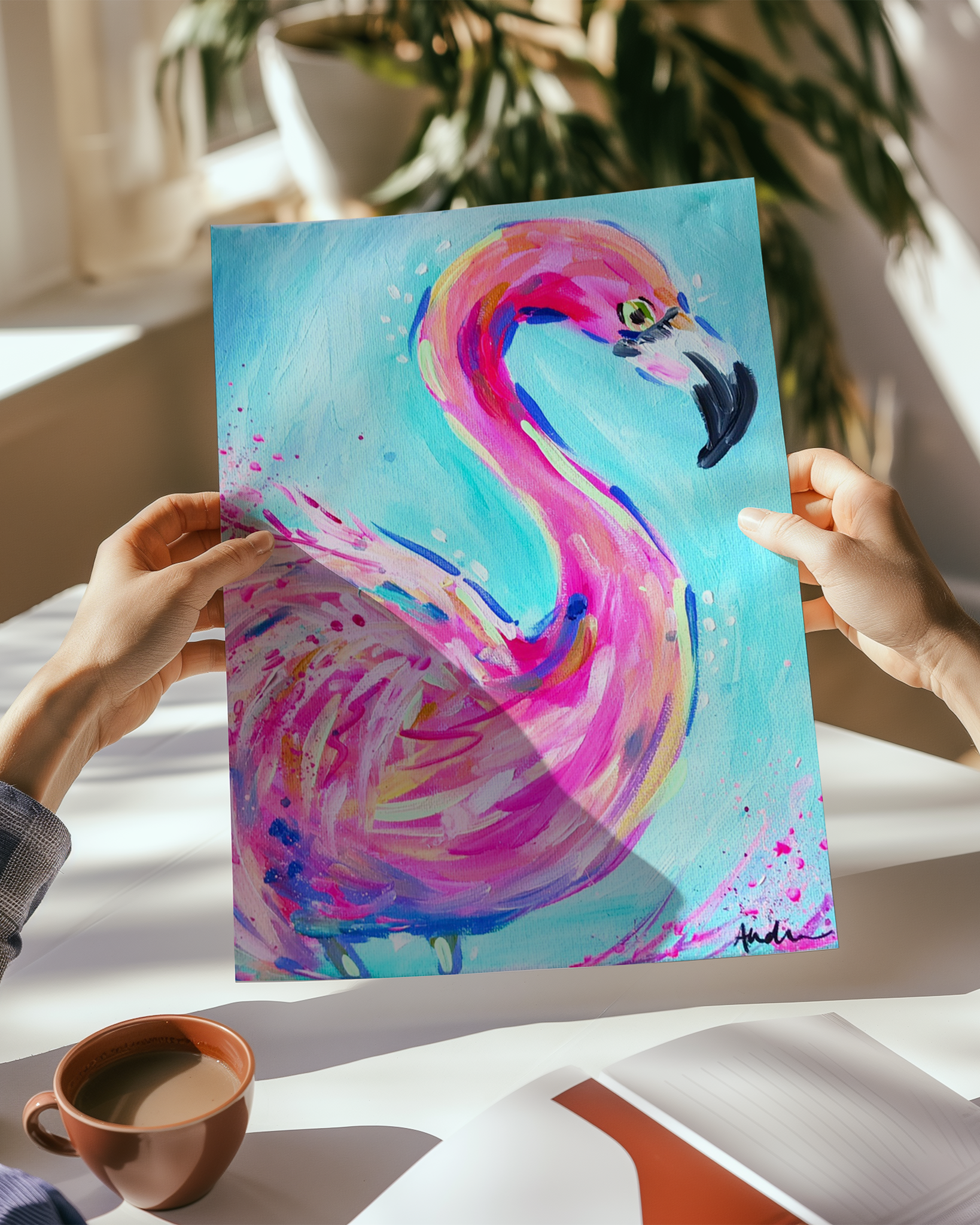 Flamingo Art Print on Paper or Canvas - Pink Decor, Beach Nautical Coastal Wall Art, Colorful Poster