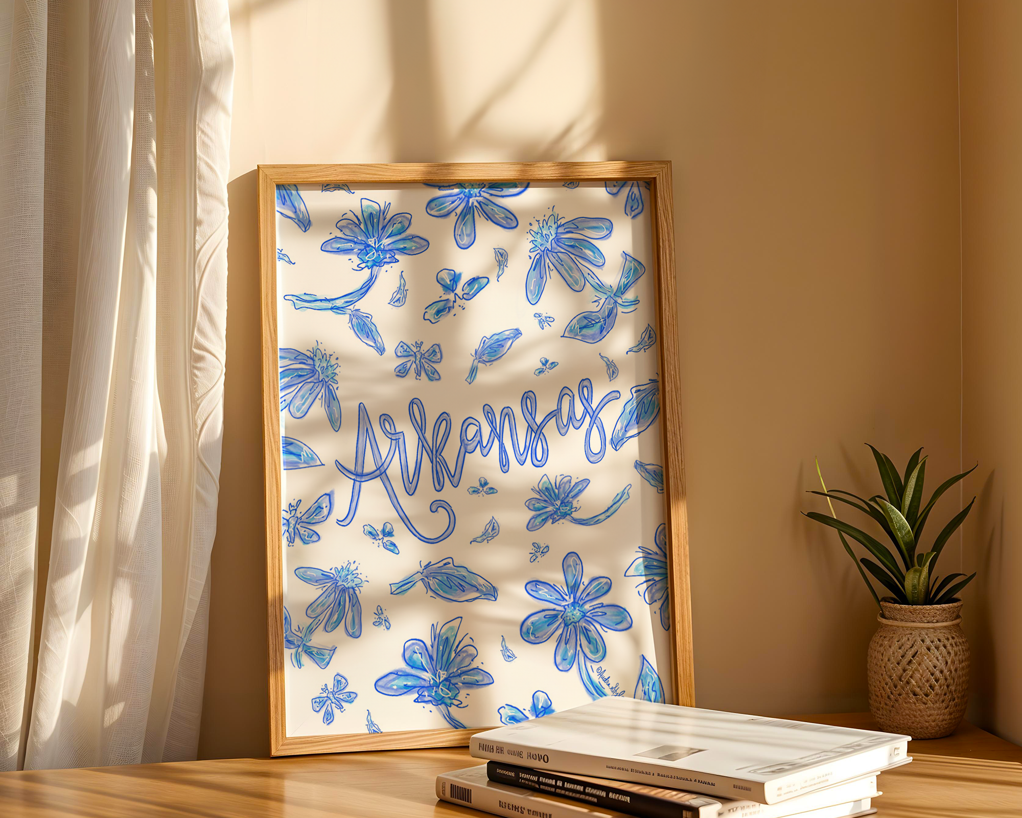 Arkansas Art Print on Paper or Canvas - State Pride, Hometown, Blue White Floral Wall Art Poster