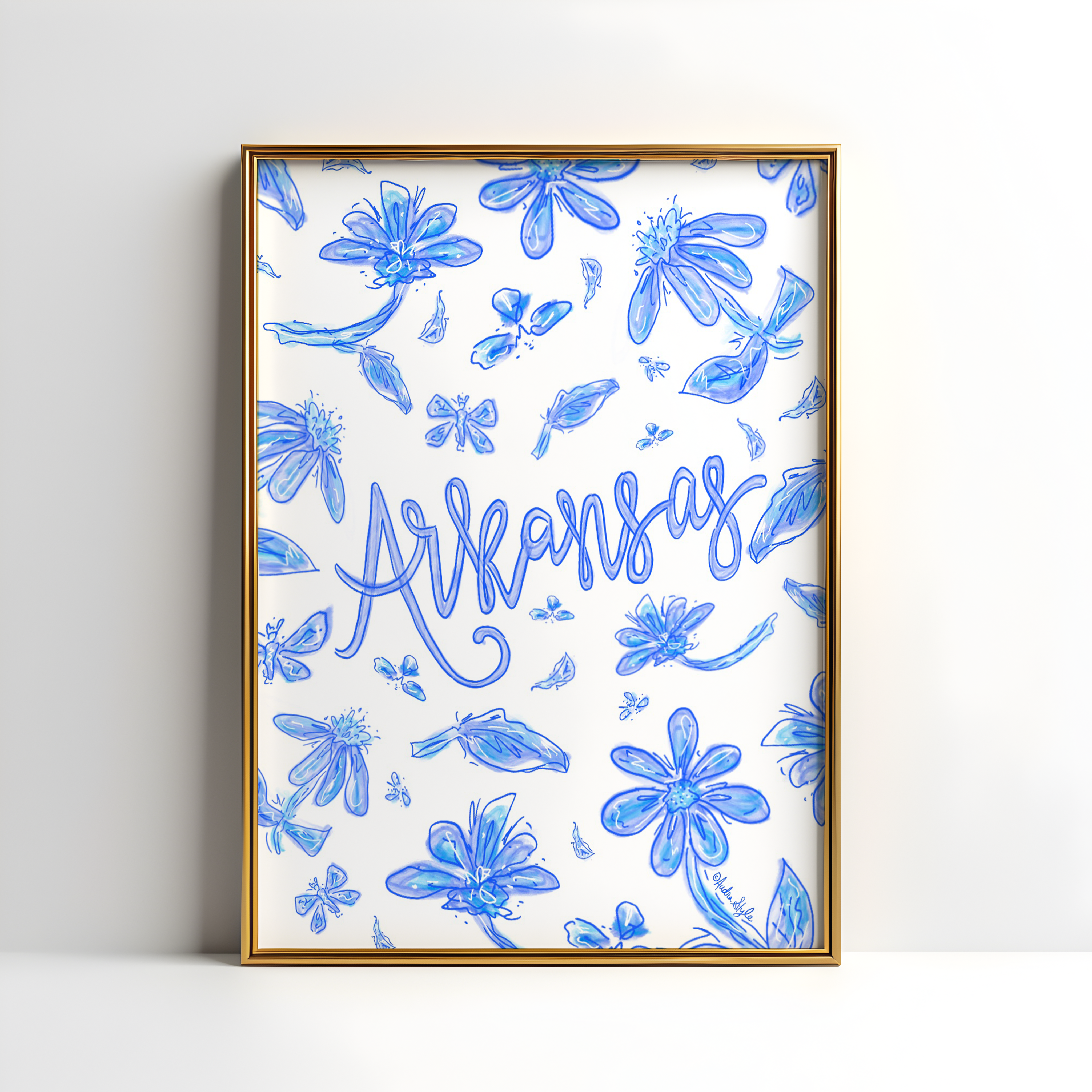 Arkansas Art Print on Paper or Canvas - State Pride, Hometown, Blue White Floral Wall Art Poster