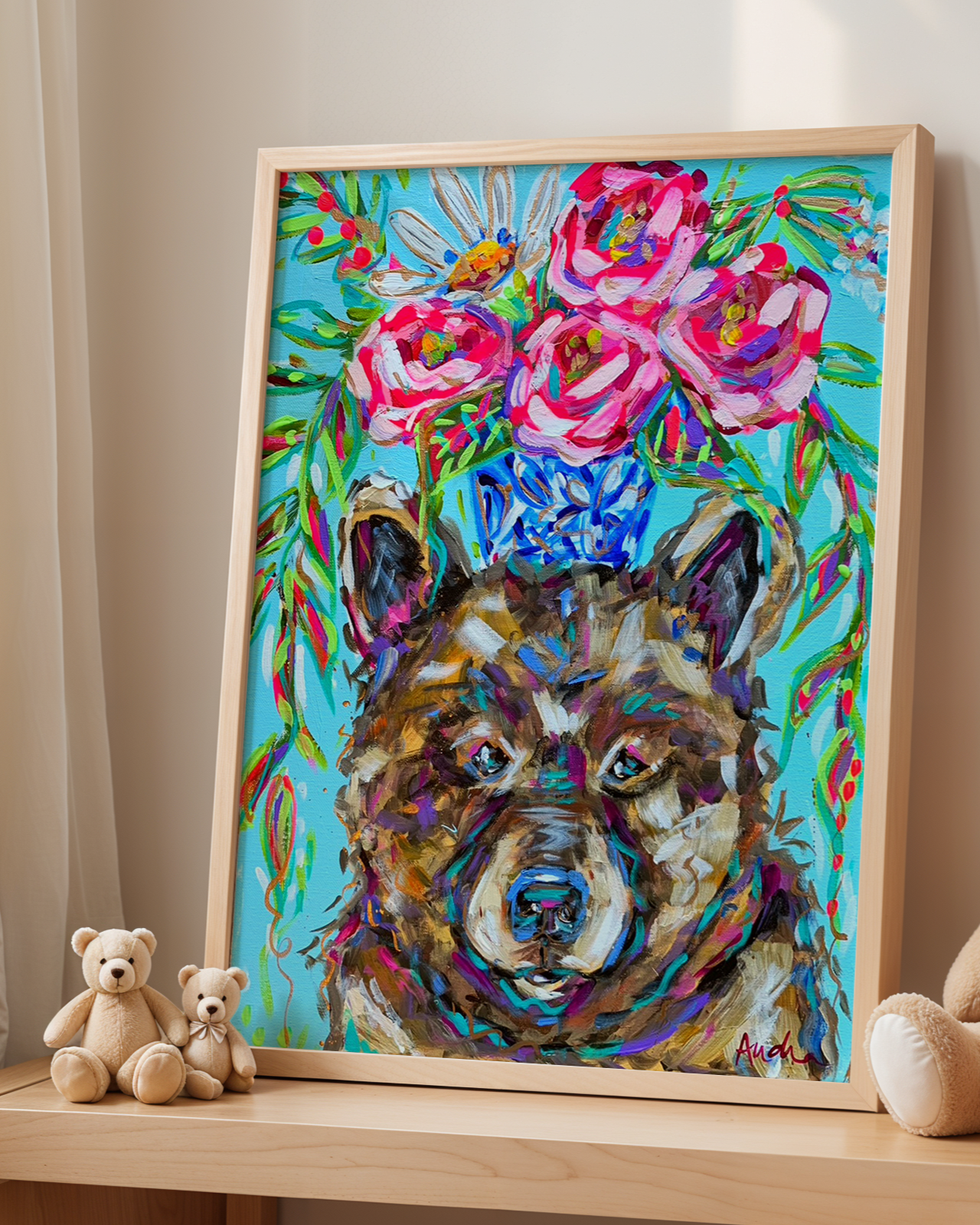 Bear Art Print on Paper or Canvas - Colorful Animal Wall Art, Floral Wall Poster, Kids Room Baby Nursery