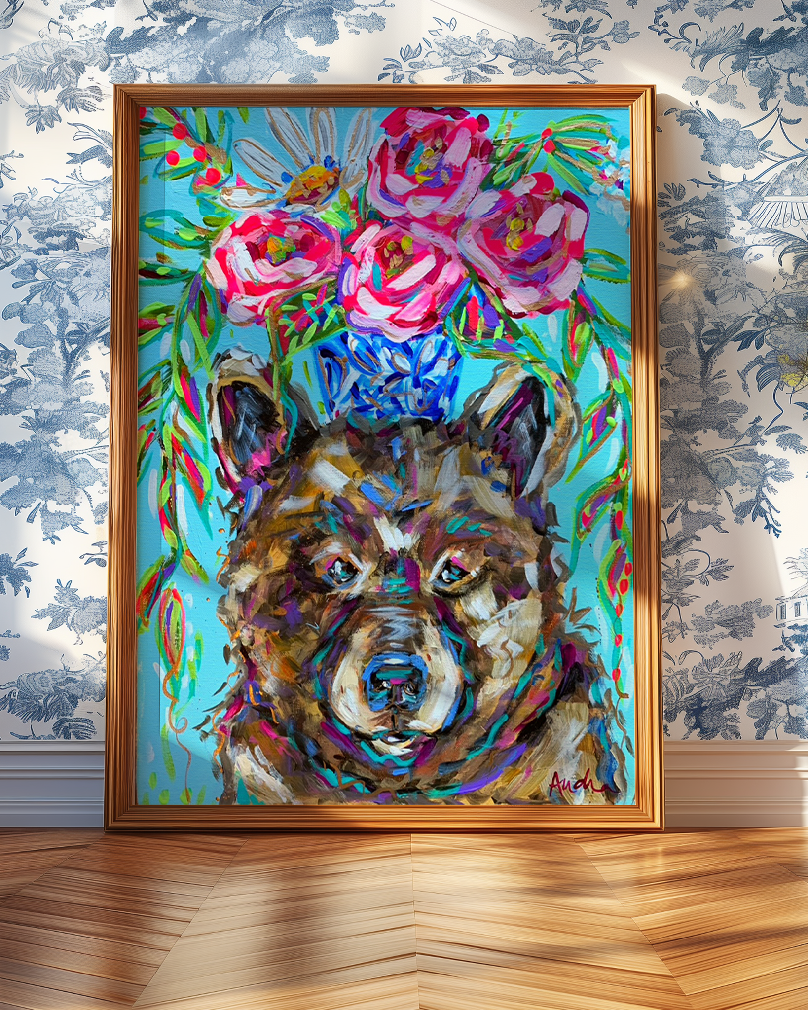 Bear Art Print on Paper or Canvas - Colorful Animal Wall Art, Floral Wall Poster, Kids Room Baby Nursery