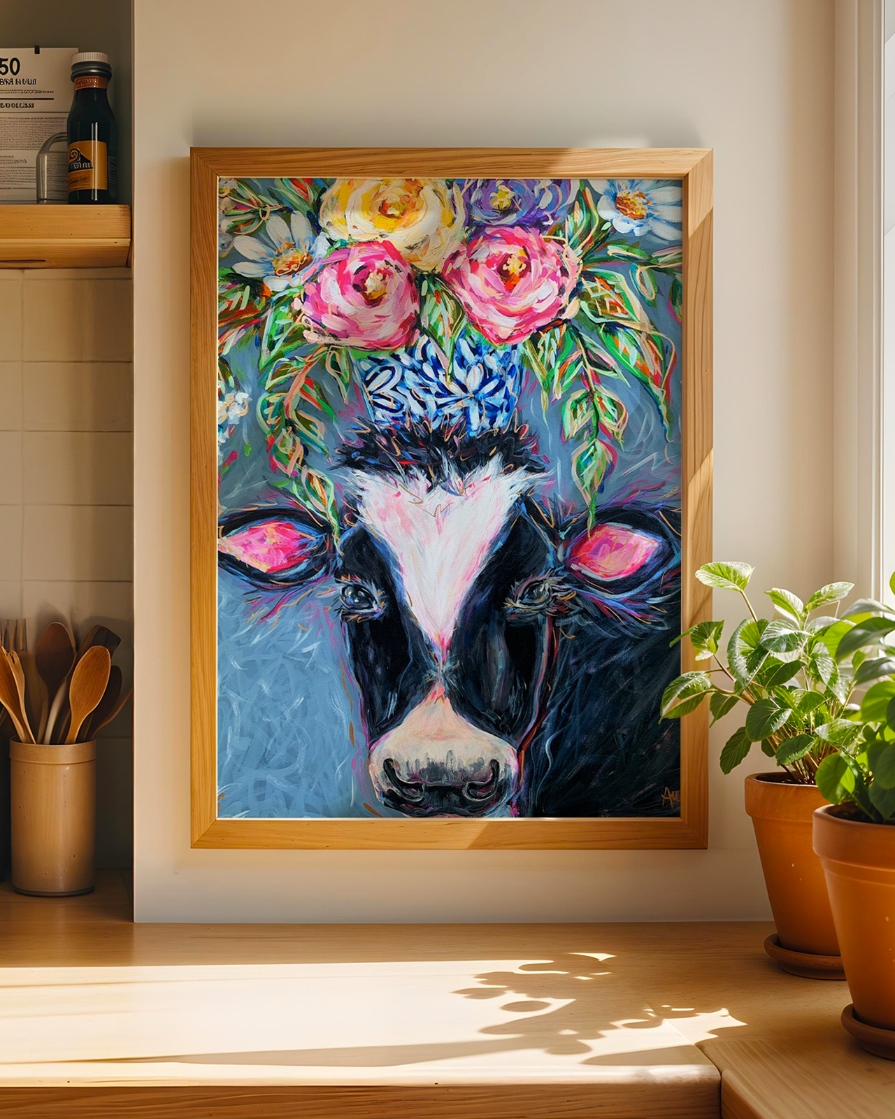 Cow Art Print on Paper or Canvas - Maximalist Decor, Farmhouse Poster, Colorful Floral Art Print