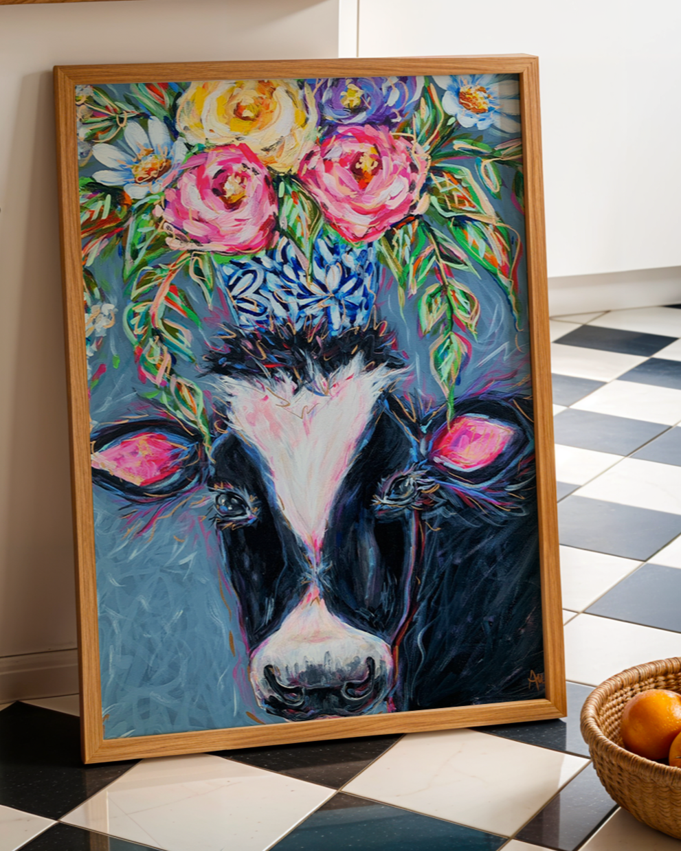 Cow Art Print on Paper or Canvas - Maximalist Decor, Farmhouse Poster, Colorful Floral Art Print