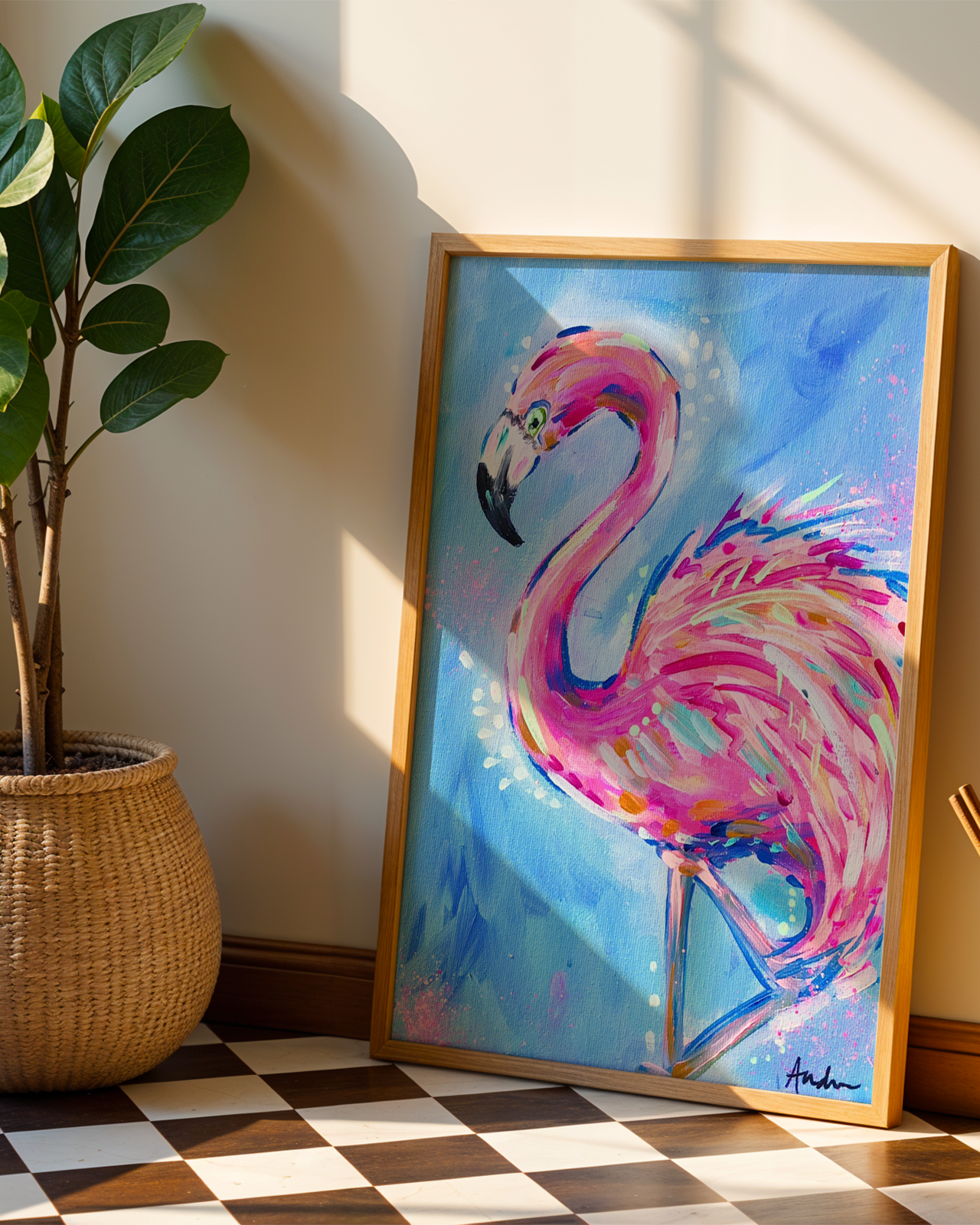 Flamingo Art Print on Paper or Canvas - Pink Decor, Maximalist Coastal Wall Art Poster