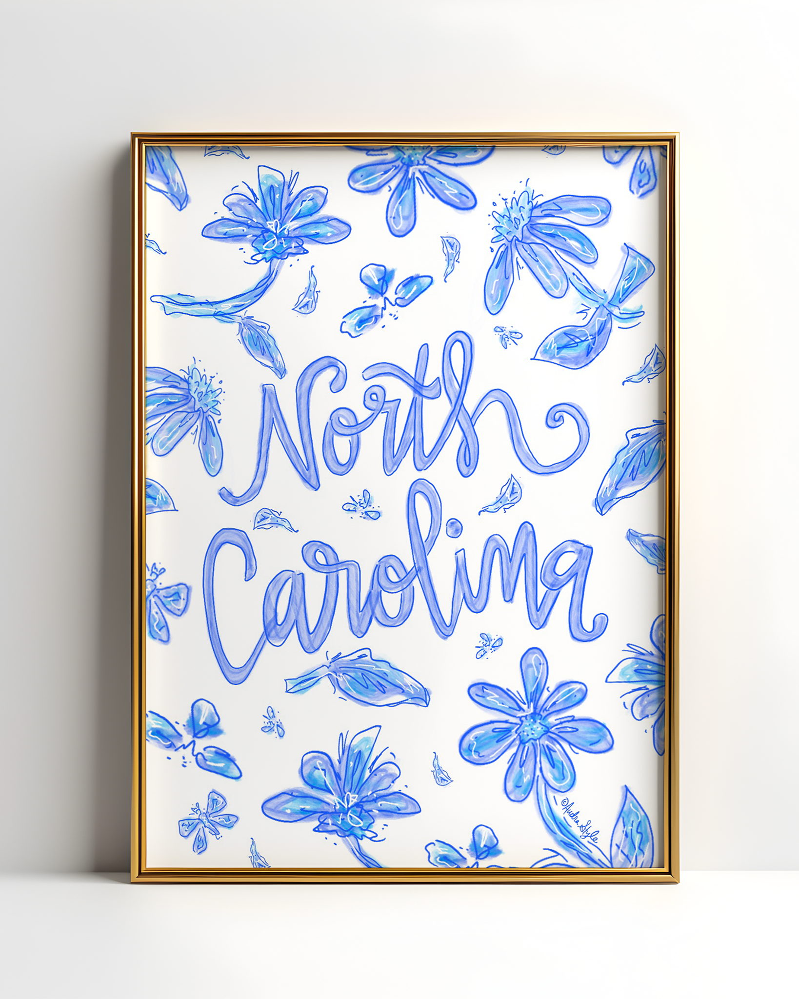 North Carolina Art Print on Paper or Canvas - Hometown, State Pride, Blue and White Floral Wall Art Poster