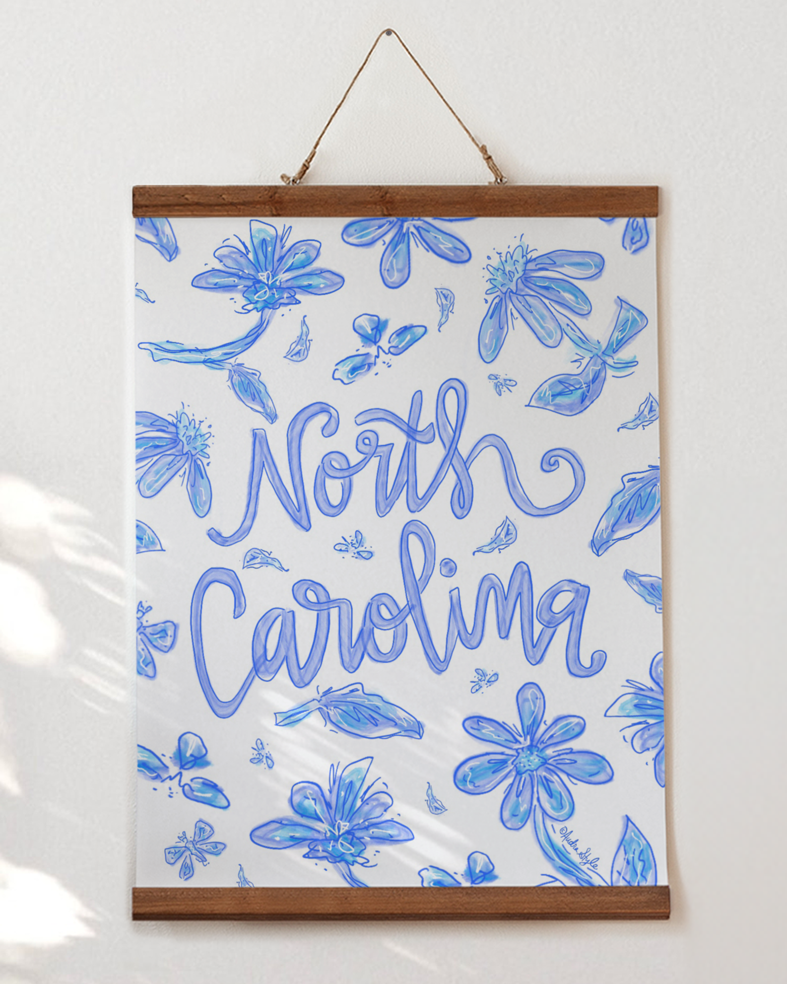 North Carolina Art Print on Paper or Canvas - Hometown, State Pride, Blue and White Floral Wall Art Poster