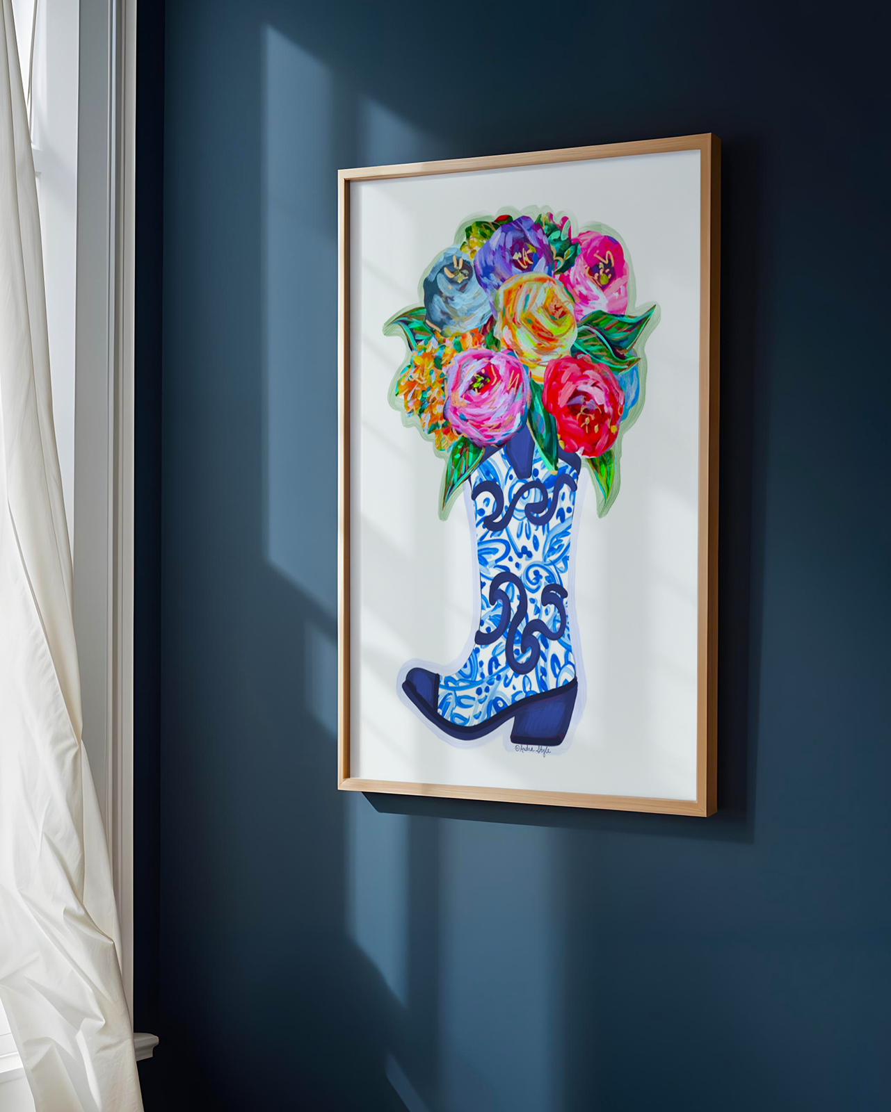 Blue and White Cowboy Boot Bouquet Art Print - Grand Millennial, Colorful Wall Art Poster