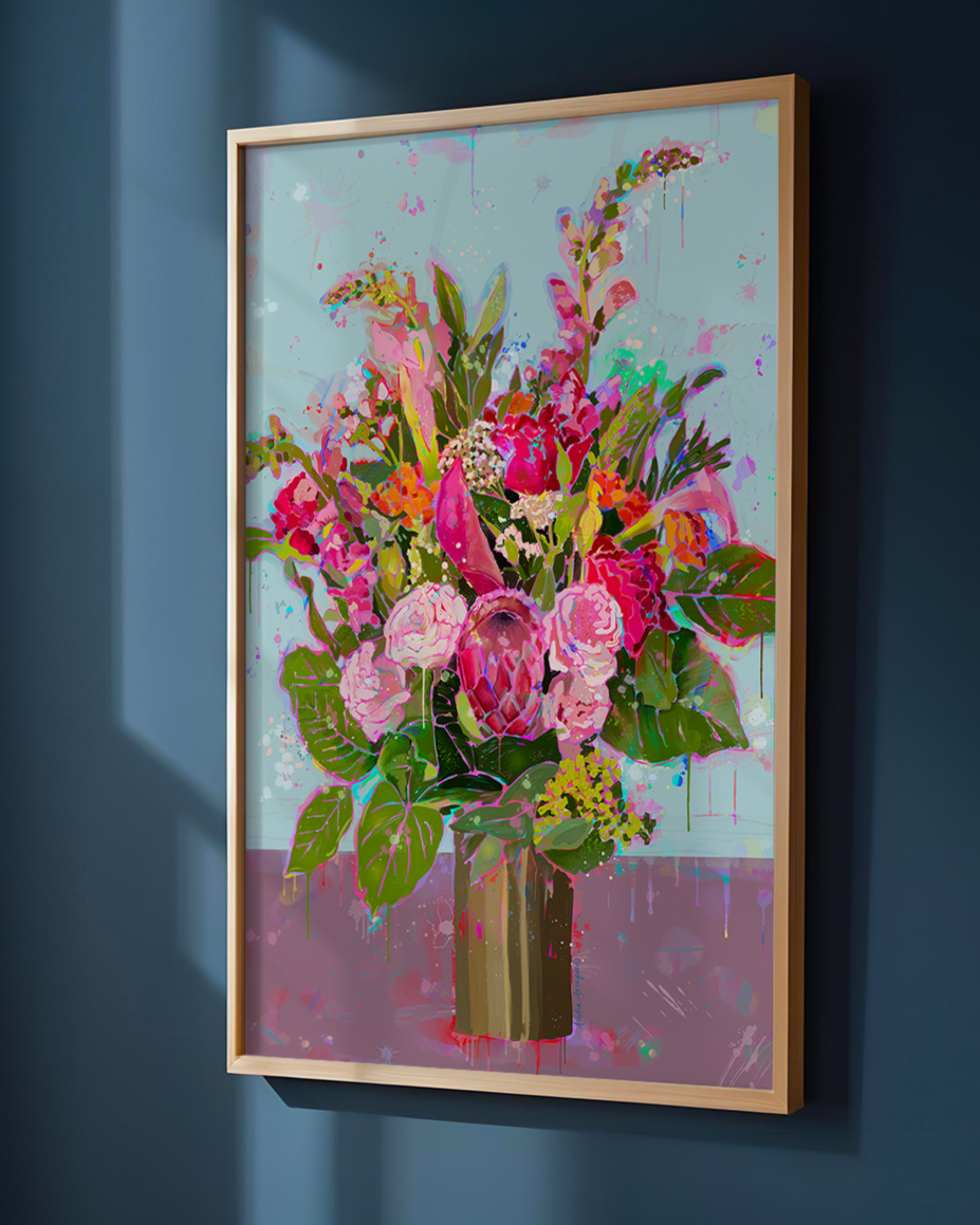 Brass Vase Colorful Floral Art Print on Paper or Canvas - Maximalist Home Decor, Colorful Poster