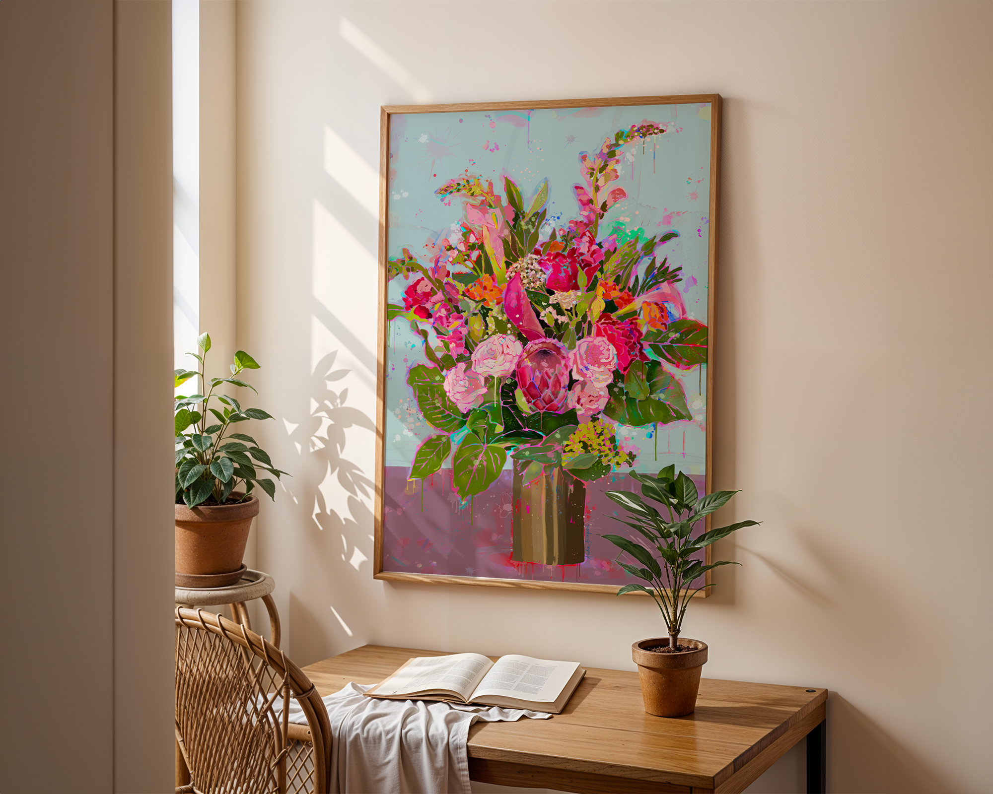 Brass Vase Colorful Floral Art Print on Paper or Canvas - Maximalist Home Decor, Colorful Poster