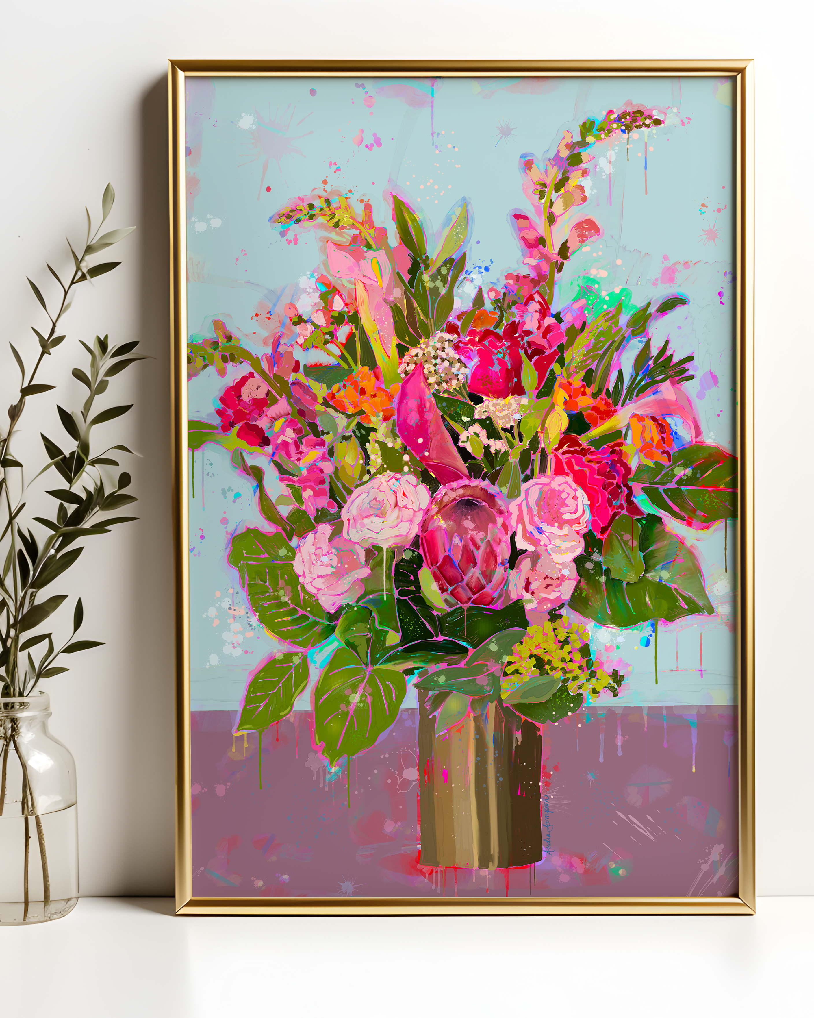 Brass Vase Colorful Floral Art Print on Paper or Canvas - Maximalist Home Decor, Colorful Poster