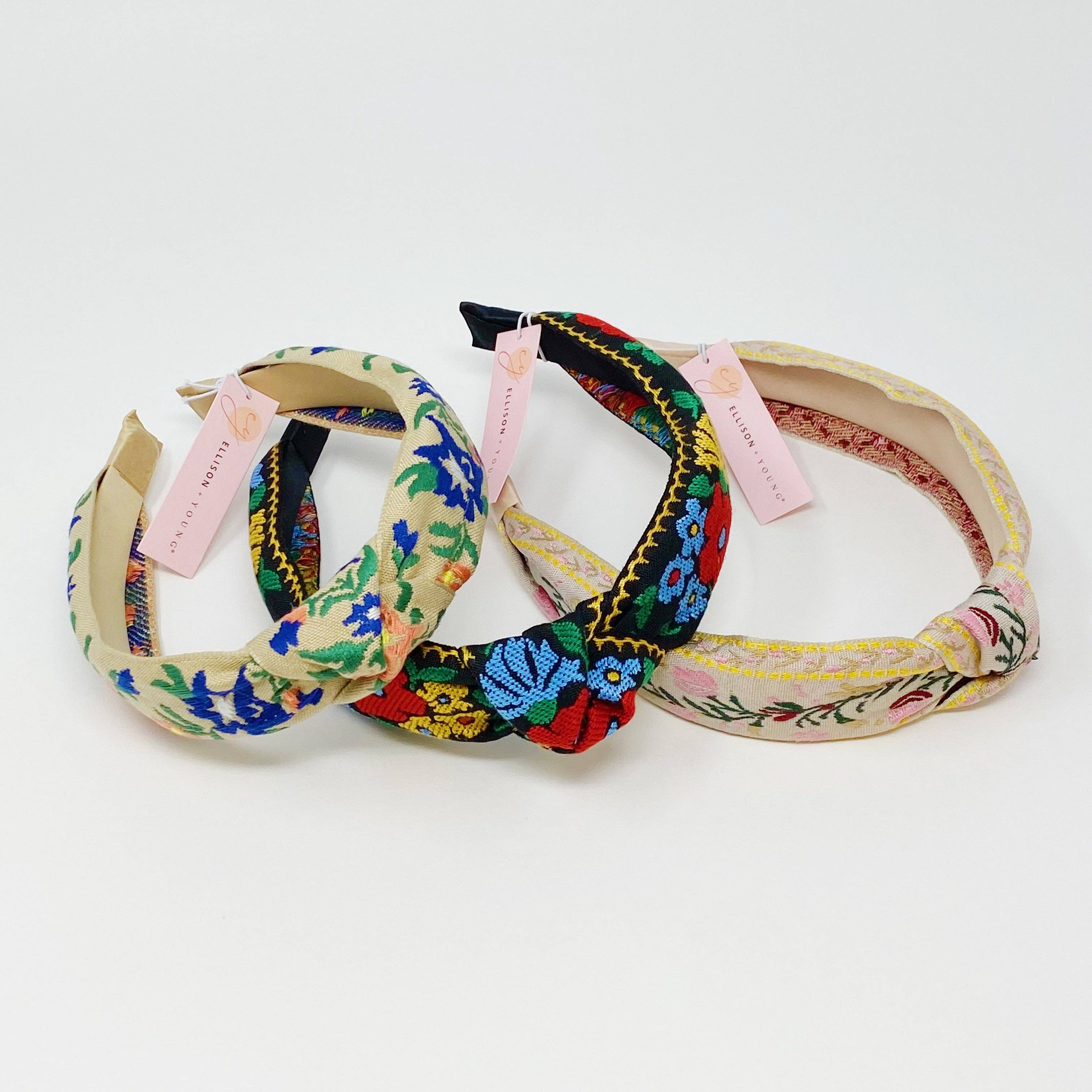 French Floral Embroidered Headband: Apricot