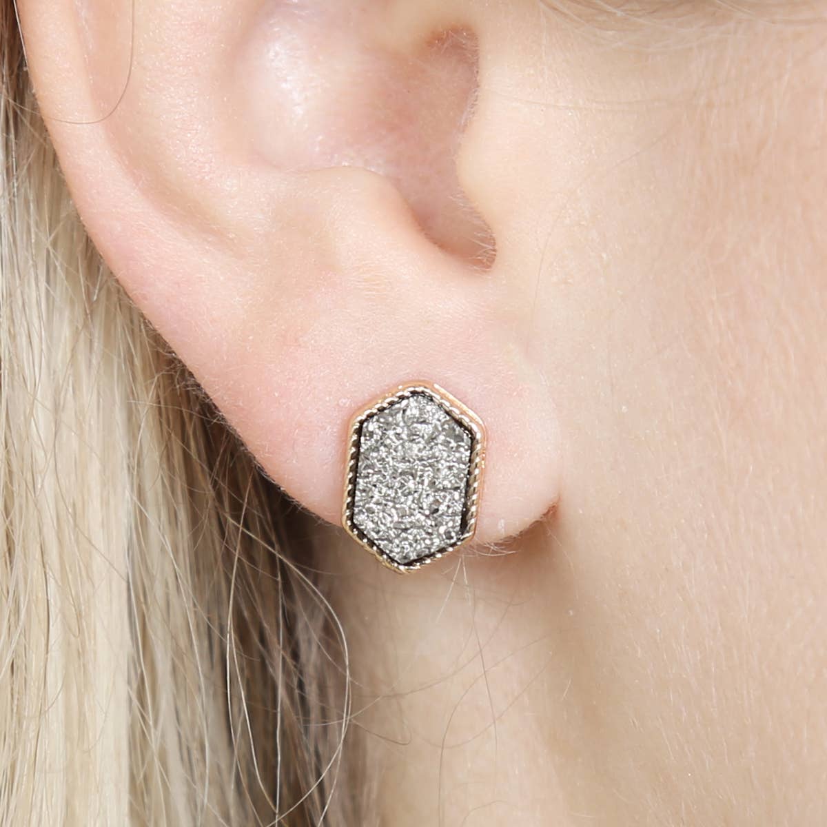 VE2334 - DRUZY HEXAGON POST EARRINGS: IRIDISCENT