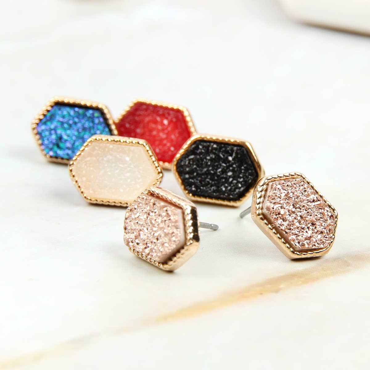 VE2334 - DRUZY HEXAGON POST EARRINGS: IRIDISCENT