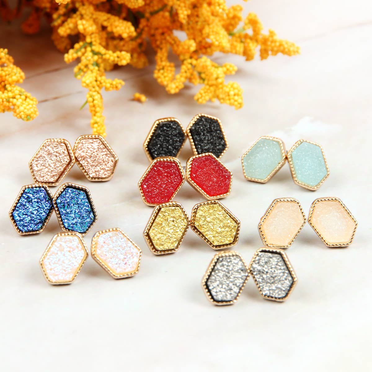 VE2334 - DRUZY HEXAGON POST EARRINGS: MONTANA BLUE