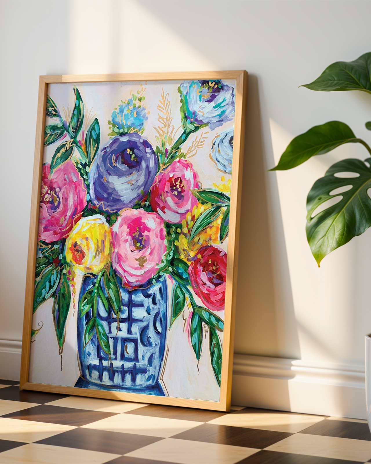 Blue White Vase Floral Art Print on Paper or Canvas - Grand Millennial Wall Art, Southern Colorful Poster