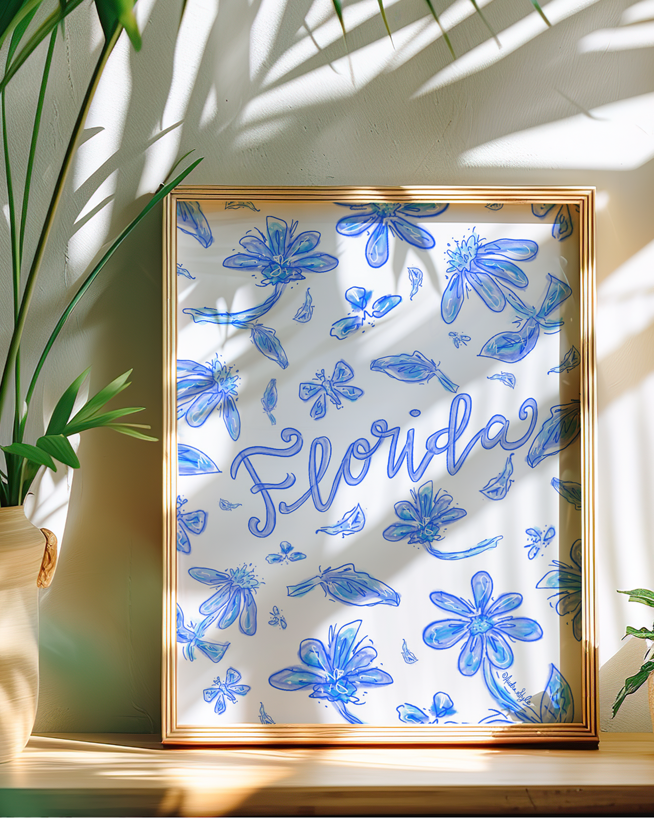 Florida Art Print on Paper or Canvas - State Pride, Hometown, Blue White Floral Wall Art Poster