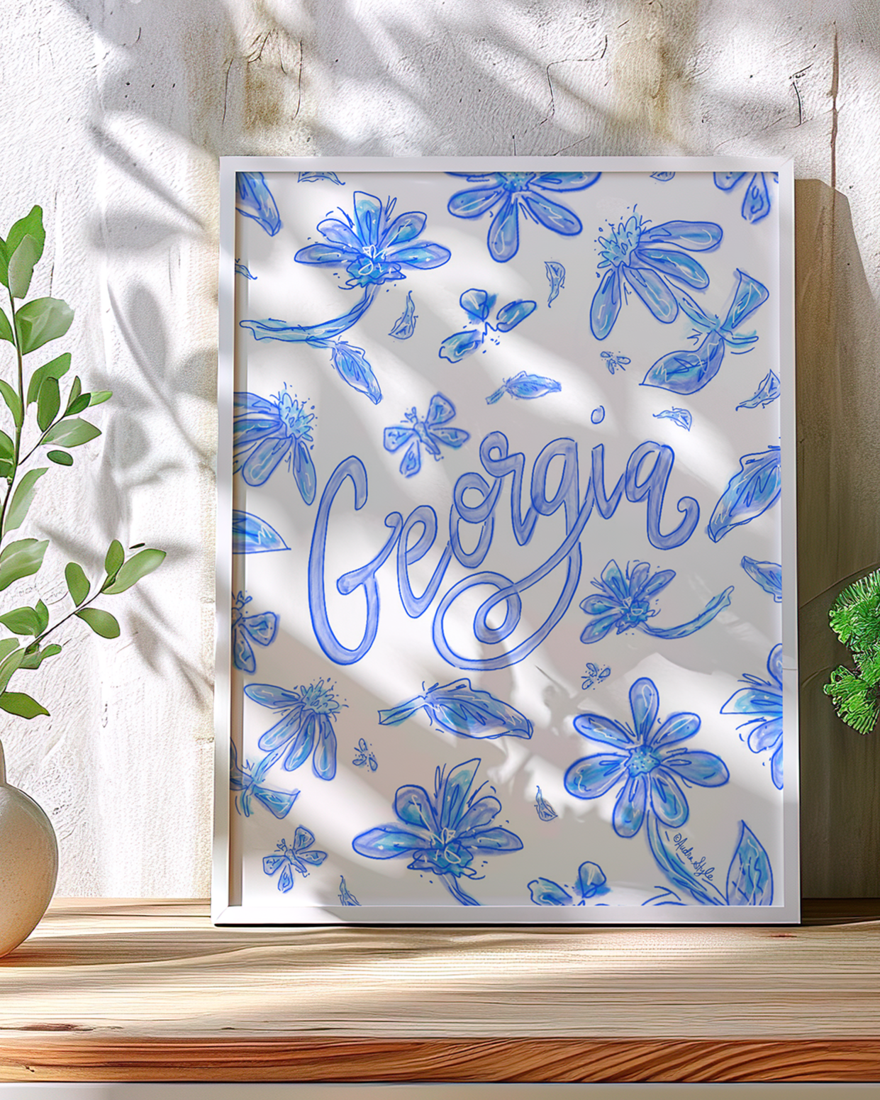 Georgia Art Print on Paper or Canvas - State Pride, Hometown, Blue White Floral Wall Art Poster