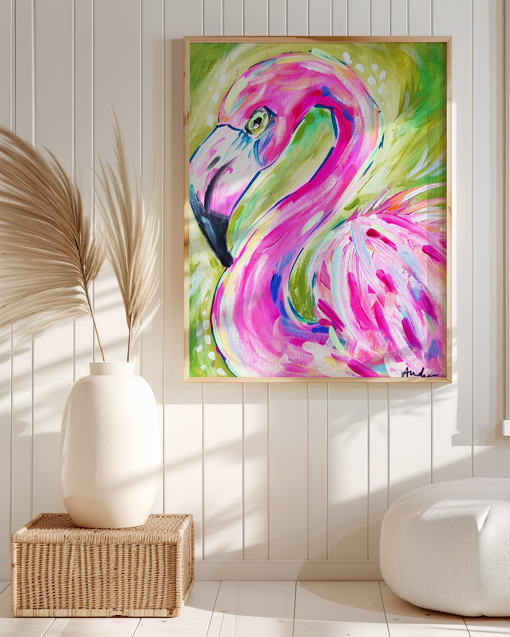 Flamingo Art Print on Paper or Canvas - Pink Decor, Beach Nautical Coastal Wall Art Poster