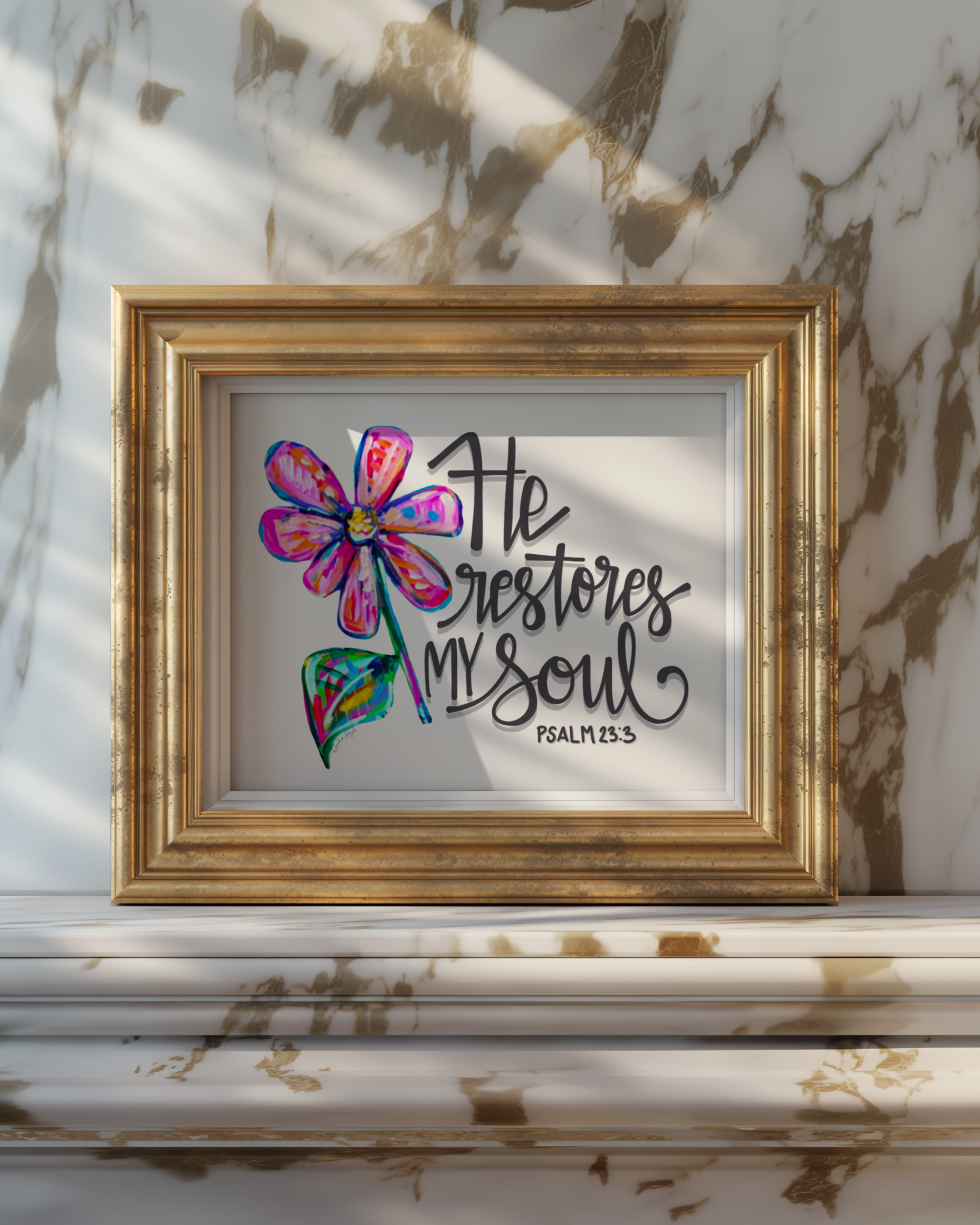 He Restores My Soul Art Print - Scripture Wall Art, Inspirational Decor, Colorful Floral Poster