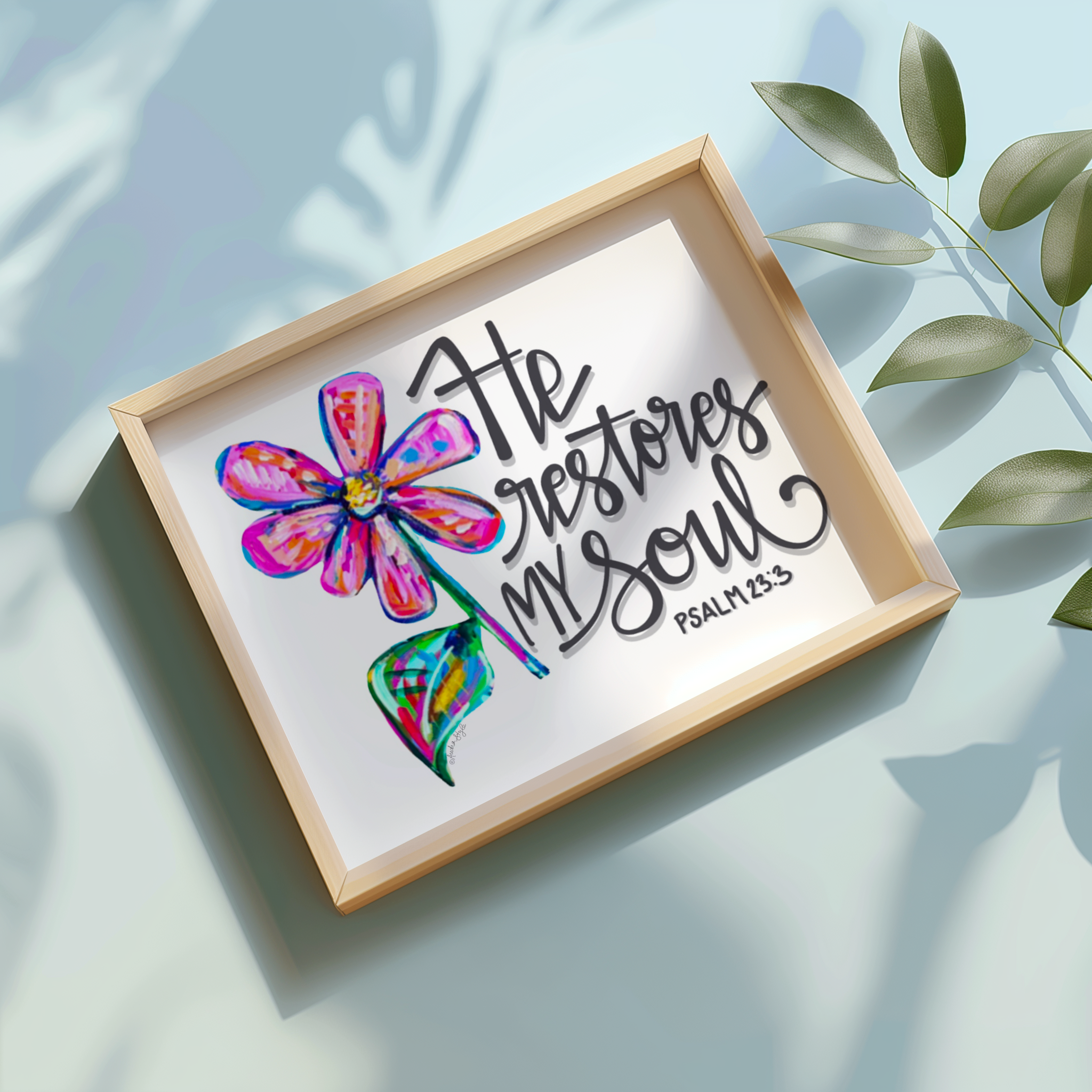 He Restores My Soul Art Print - Scripture Wall Art, Inspirational Decor, Colorful Floral Poster