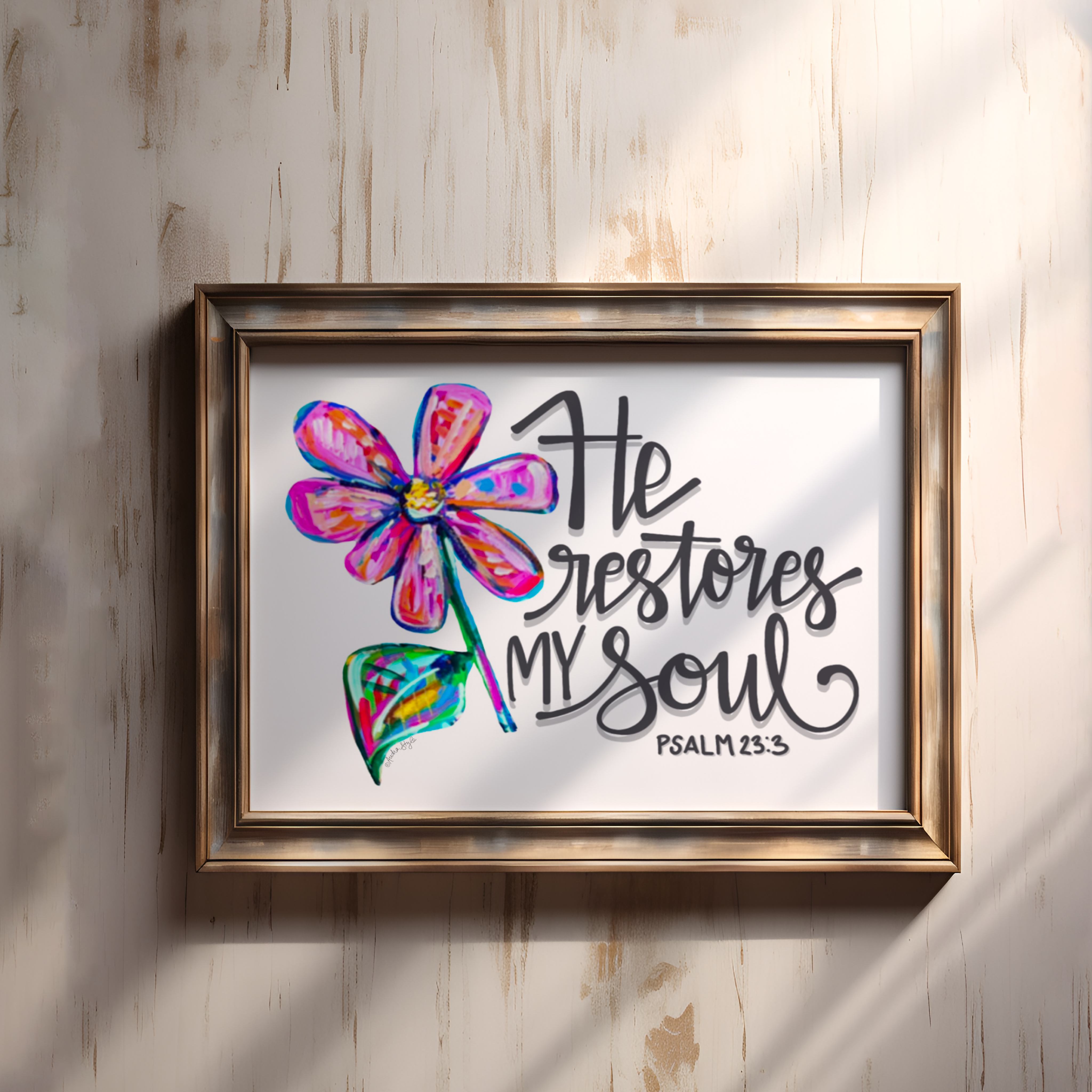 He Restores My Soul Art Print - Scripture Wall Art, Inspirational Decor, Colorful Floral Poster