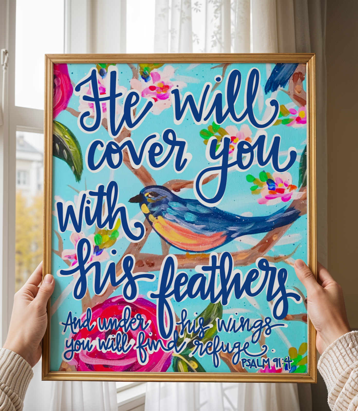 He Will Cover You With His Feathers Art Print on Paper or Canvas - Scripture Wall Art Poster