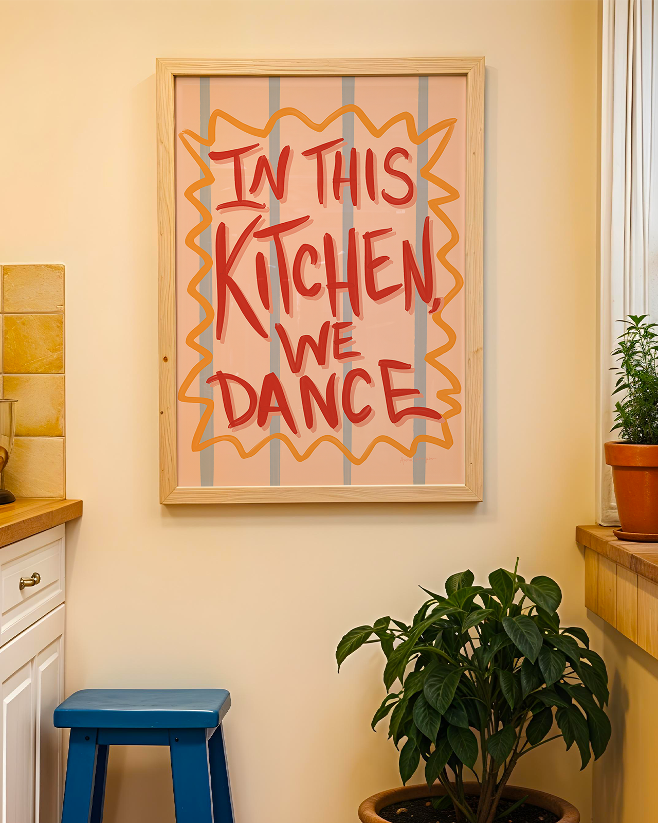 In This Kitchen, We Dance Wall Art, Typography, Dopamine Decor, Colorful Kitchen Poster, Retro Food Art Prints