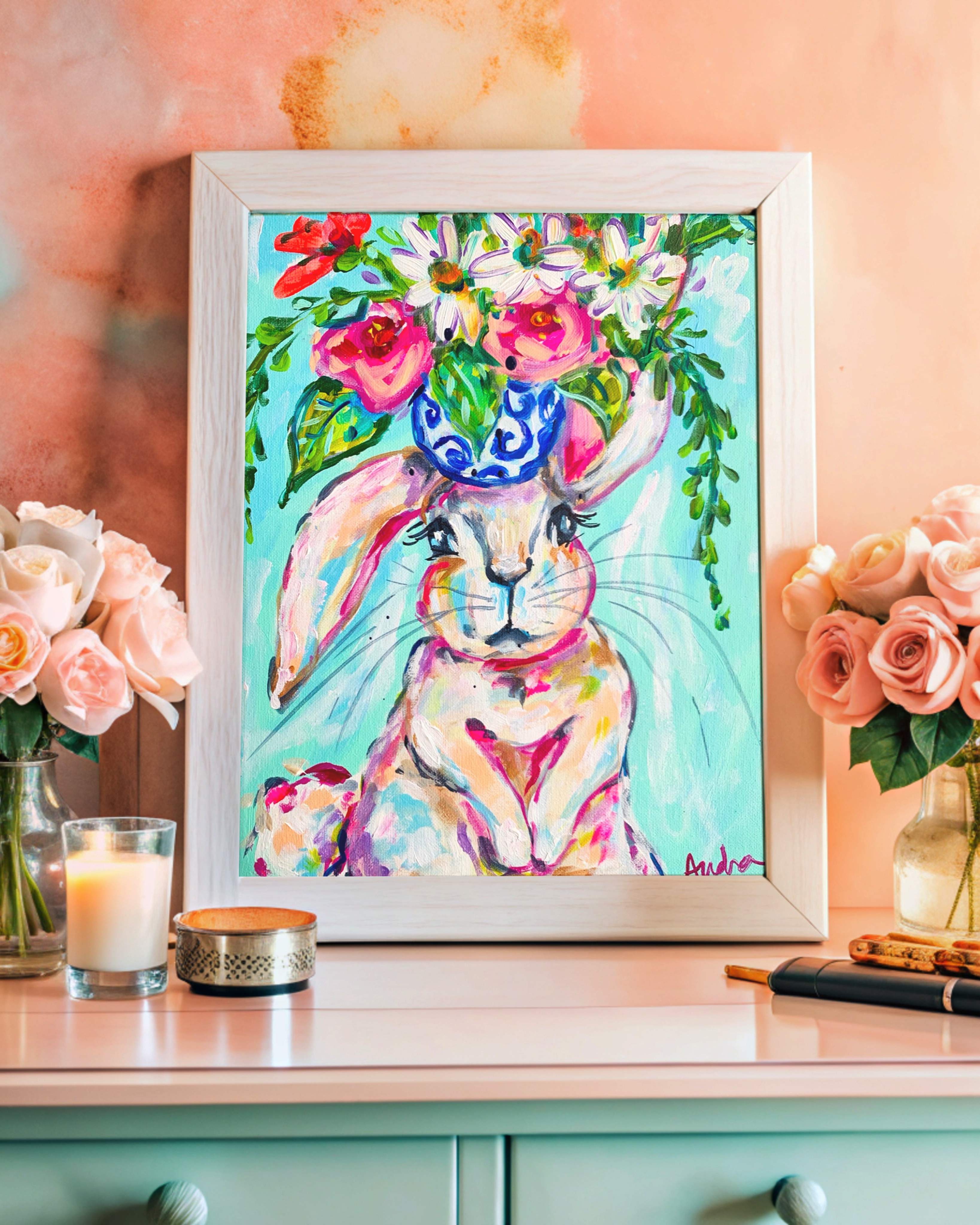 Judith - Bunny Reproduction Print - On Paper or Canvas - Nursery Art, Dopamine Decor, Wall Art Poster