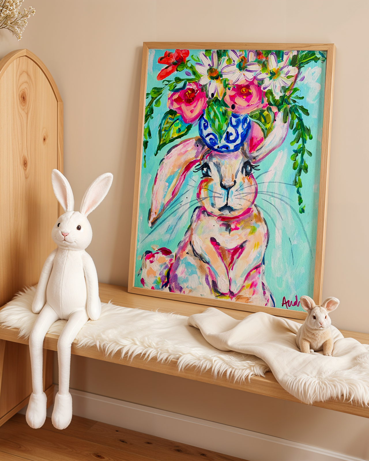 Judith - Bunny Reproduction Print - On Paper or Canvas - Nursery Art, Dopamine Decor, Wall Art Poster