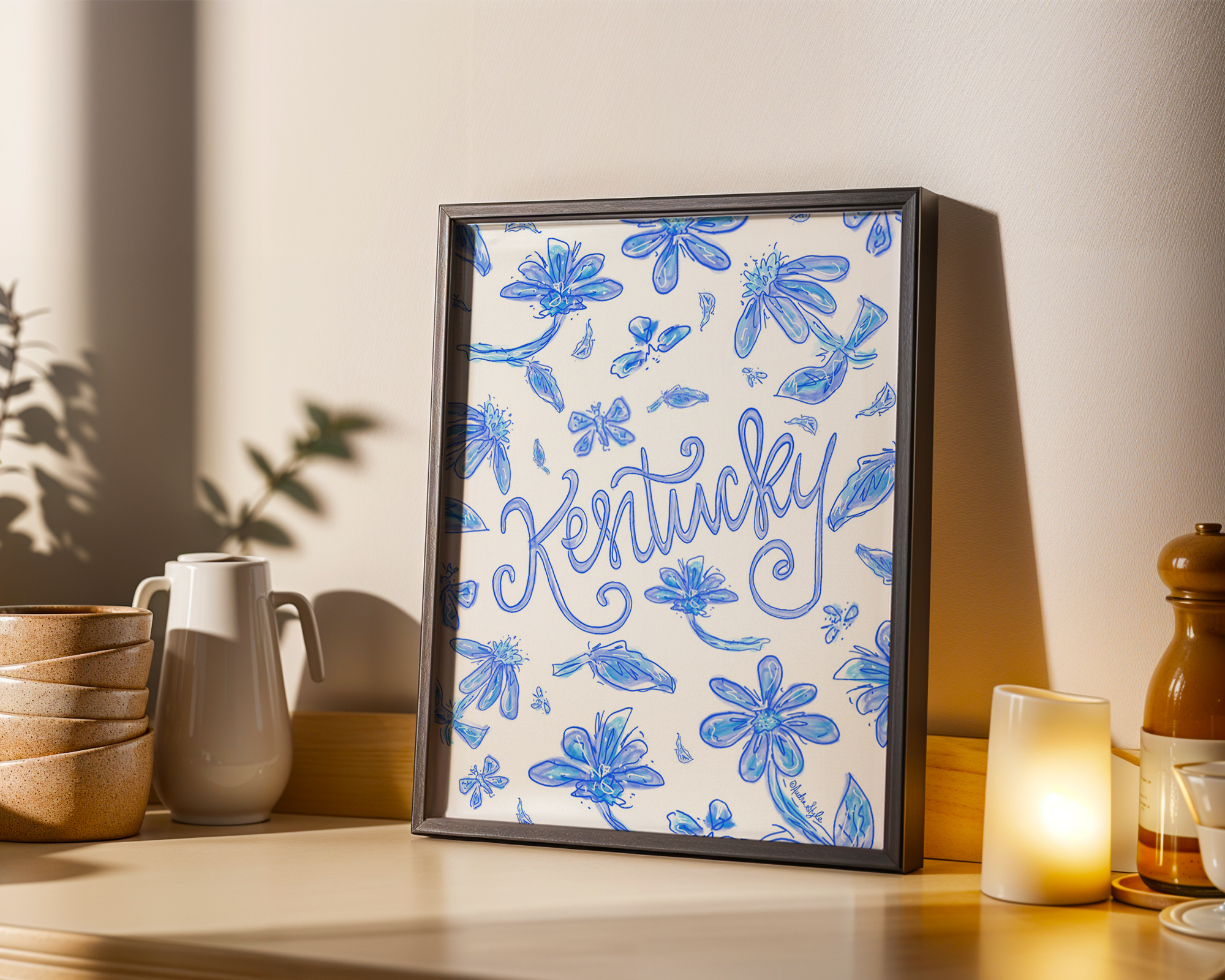 Kentucky Art Print on Paper or Canvas - State Pride, Hometown, Blue White Floral Wall Art Poster