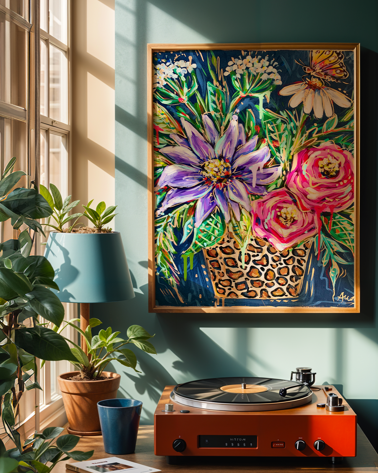 Leopard Floral Vase with Butterfly Art Print on Paper or Canvas - Maximalist Wall Art, Colorful Dopamine Decor Poster