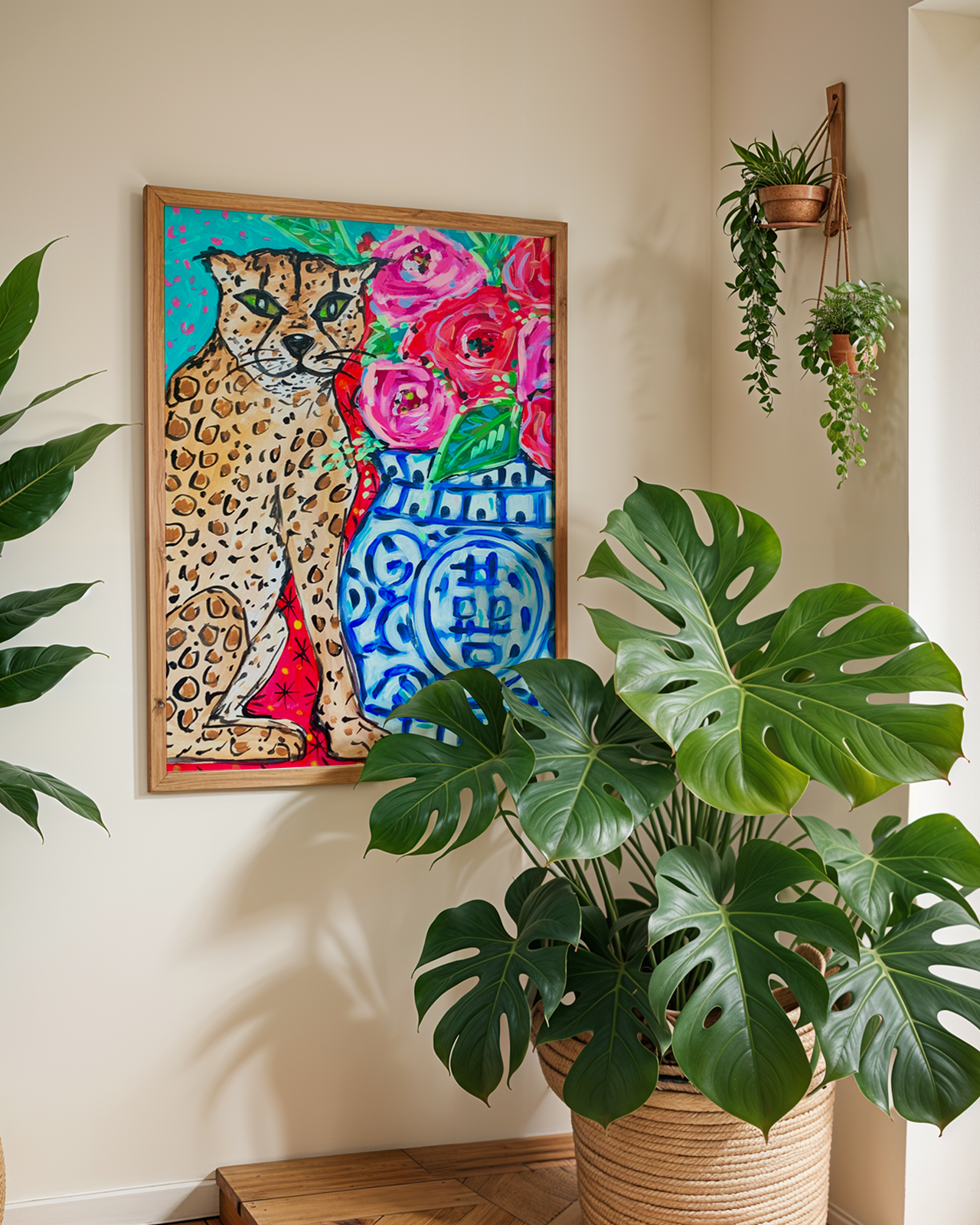 Leopard Ginger Jar Art Print on Paper or Canvas - Maximalist Decor, Blue and White Art Print Wall Poster