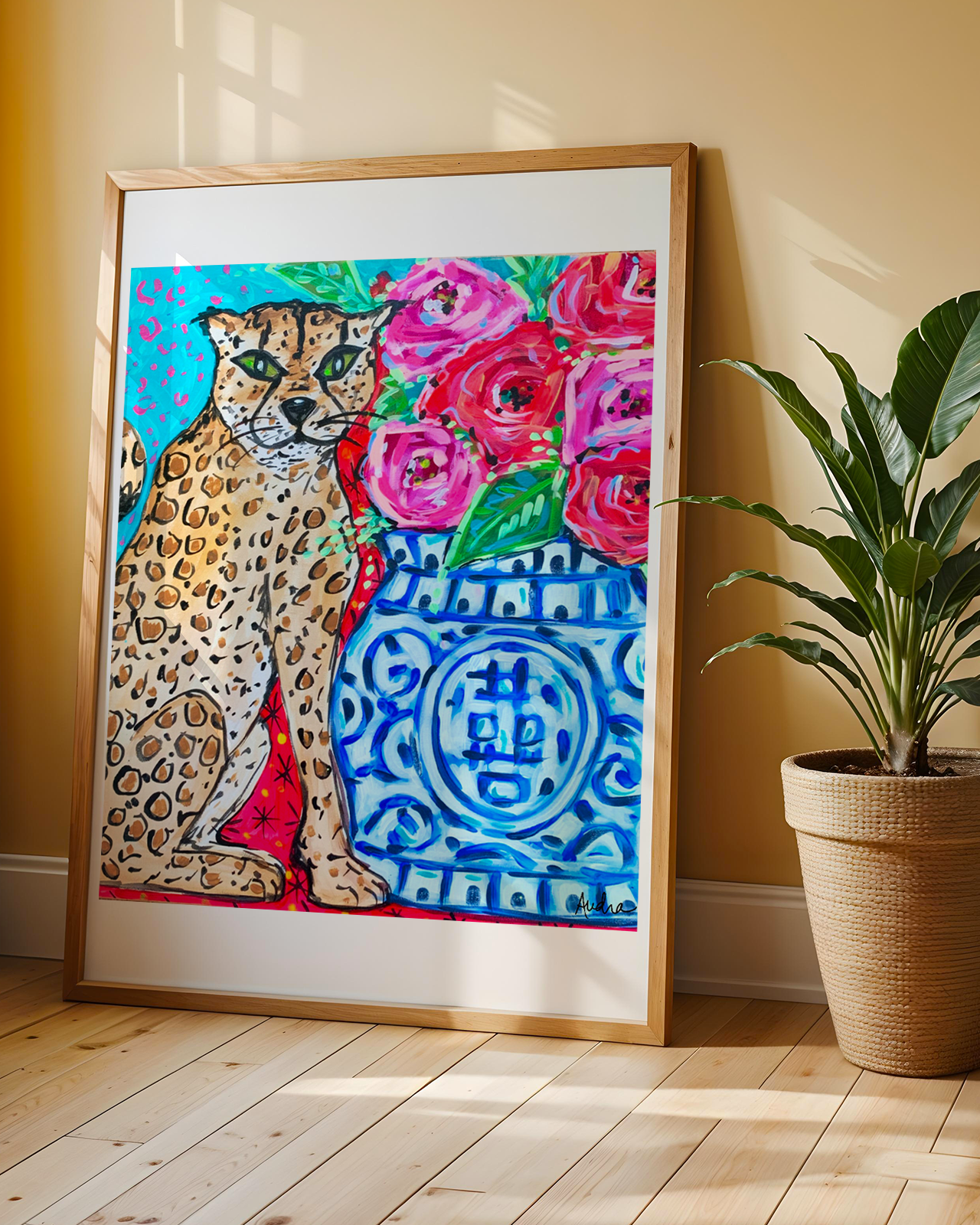 Leopard Ginger Jar Art Print on Paper or Canvas - Maximalist Decor, Blue and White Art Print Wall Poster