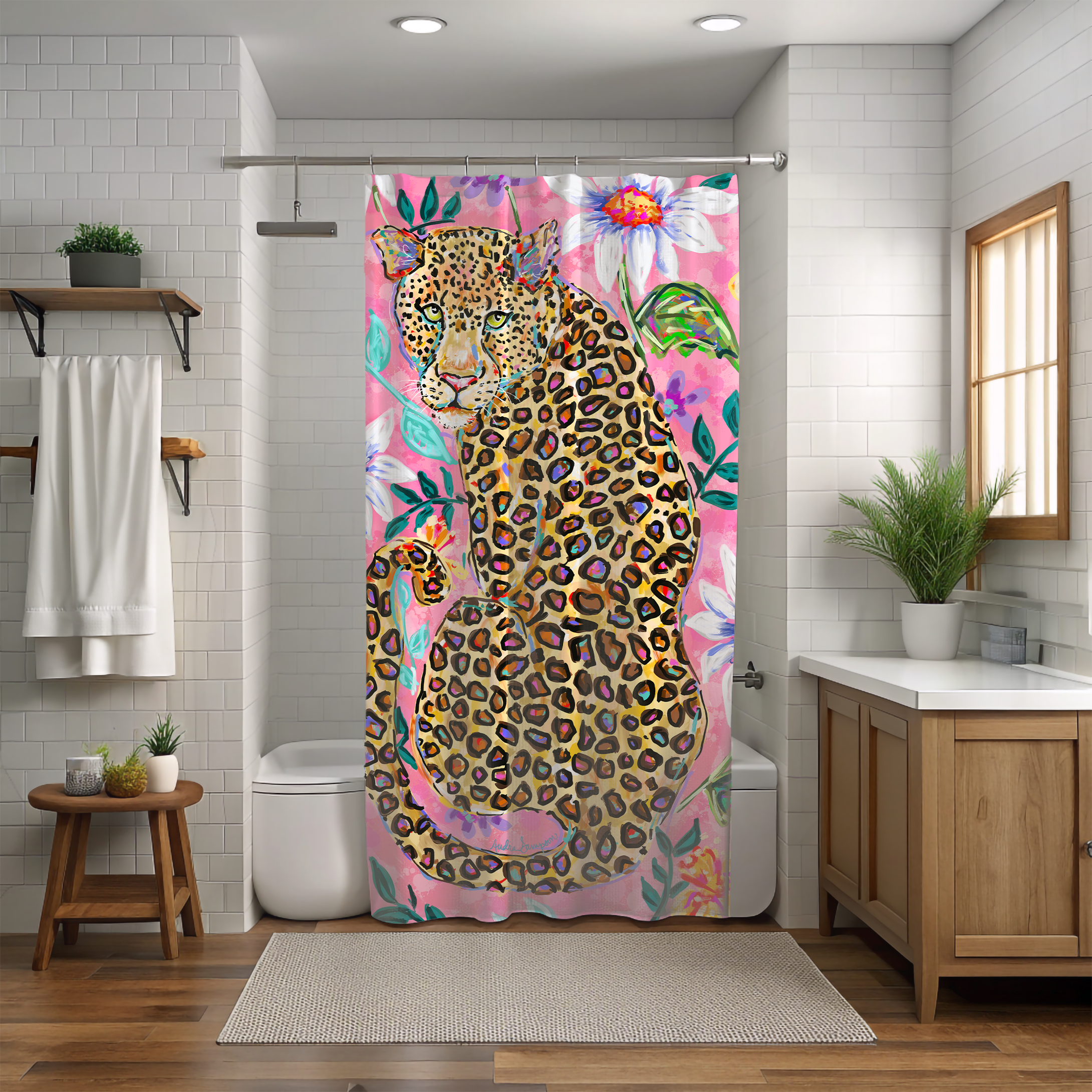 Leopard Pink Floral Shower Curtains