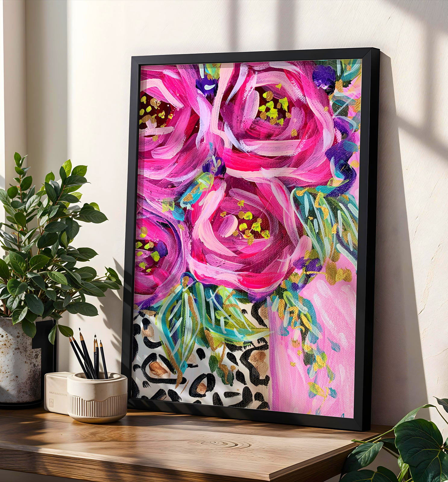 Leopard Rose Bouquet Art Print on Paper or Canvas - Maximalist Decor, Pink Wall Art Poster