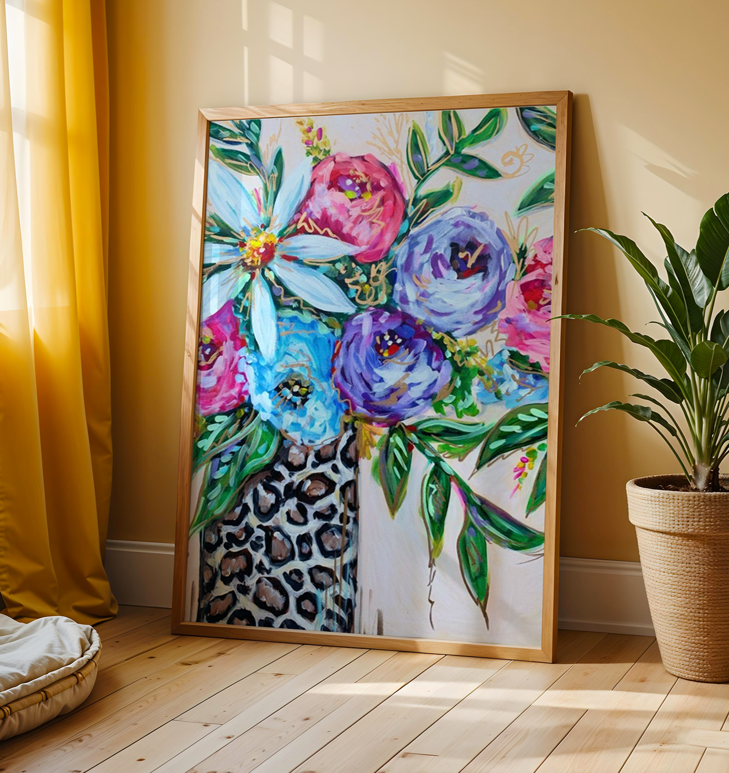 Leopard Vase Floral Art Print on Paper or Canvas - Maximalist Decor, Colorful Floral Art Poster