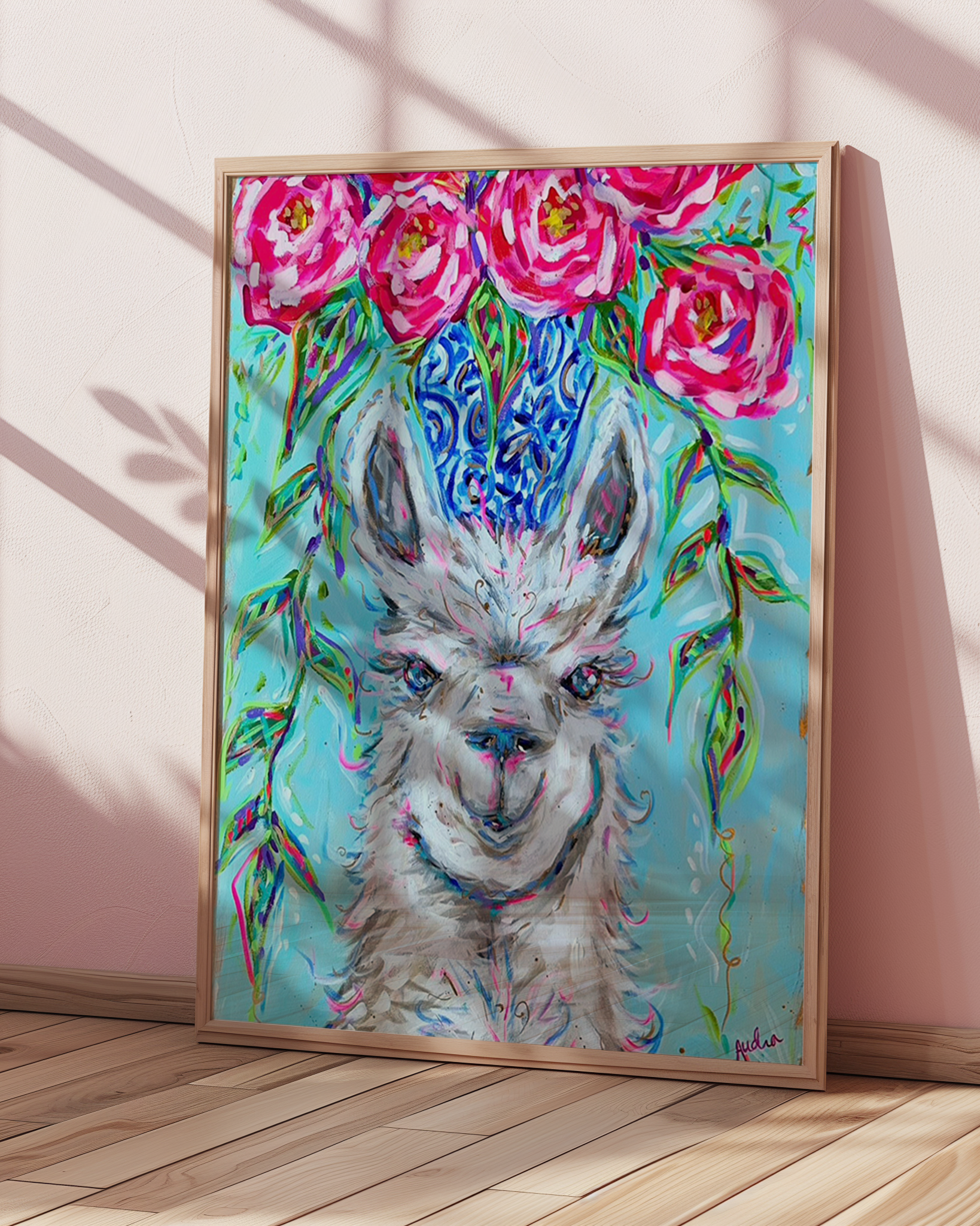 Llama Art Print on Paper or Canvas - Blue White Decor, Colorful Animal Art Poster