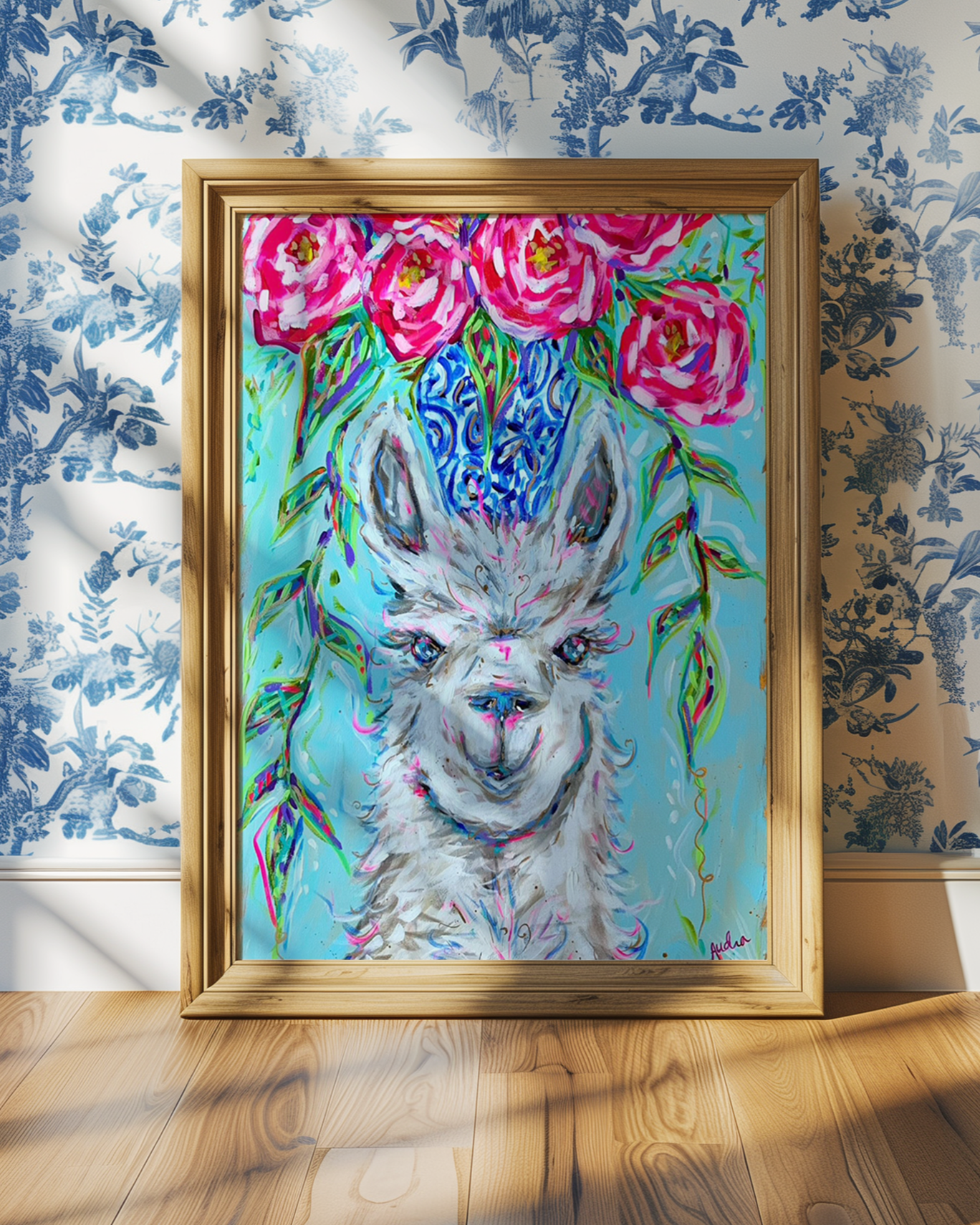 Llama Art Print on Paper or Canvas - Blue White Decor, Colorful Animal Art Poster