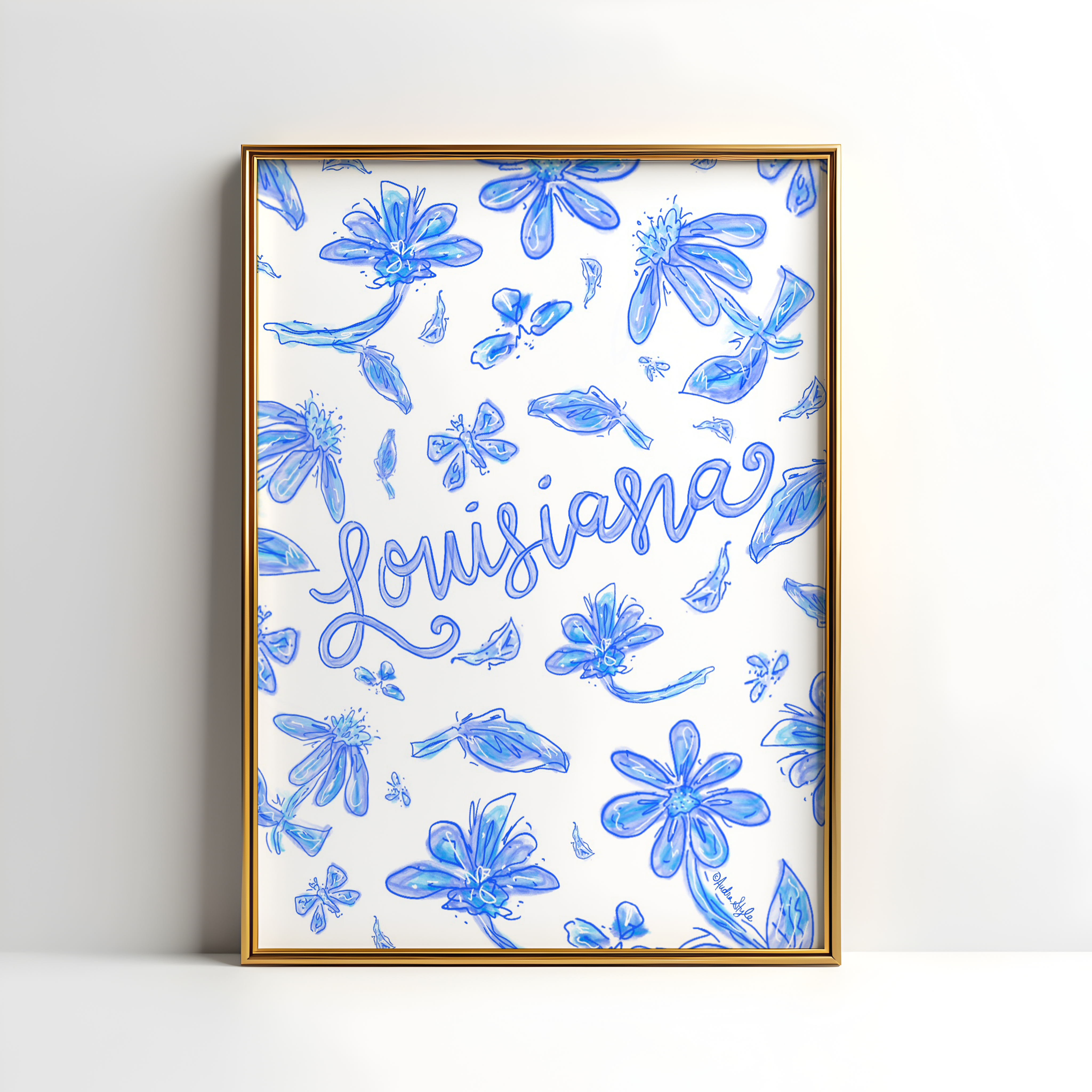 Louisiana Art Print on Paper or Canvas - State Pride, Hometown, Blue White Floral Wall Art Poster