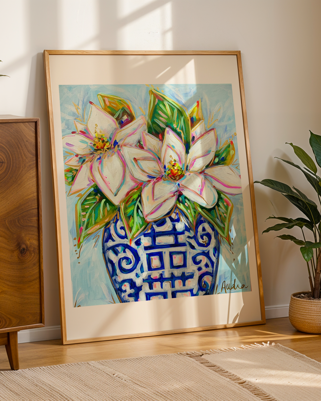 Magnolia Ginger Jar Art Print on Paper or Canvas - Blue White Decor, Grand Millennial Wall Poster