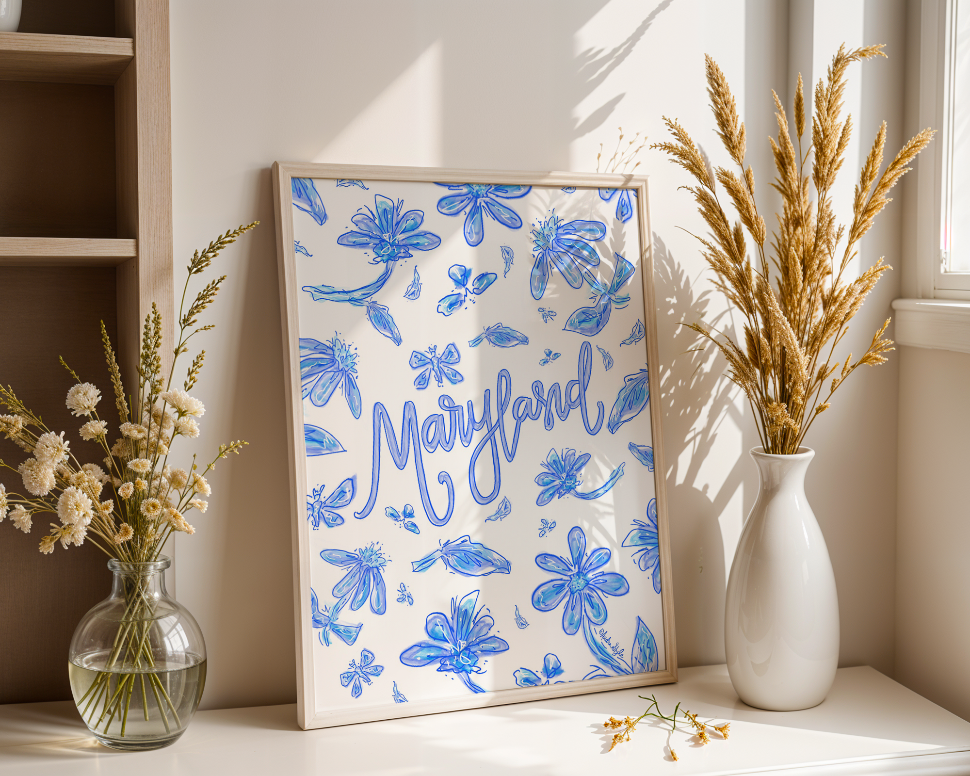 Maryland Art Print on Paper or Canvas - State Pride, Hometown, Blue White Floral Wall Art Poster